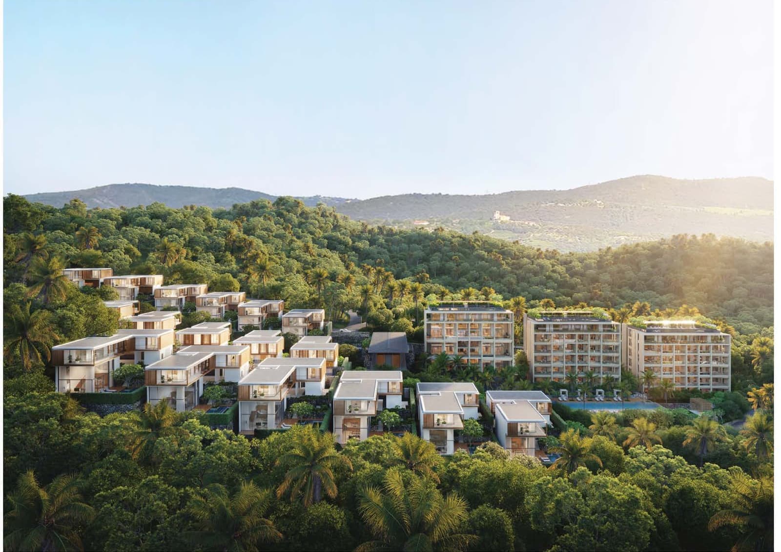 Computer-generated aerial render of Kiara Reserve Residences, Layan Bay, Phuket: seventeen flat-roofed villas on the hillside and three condominium buildings around a pool