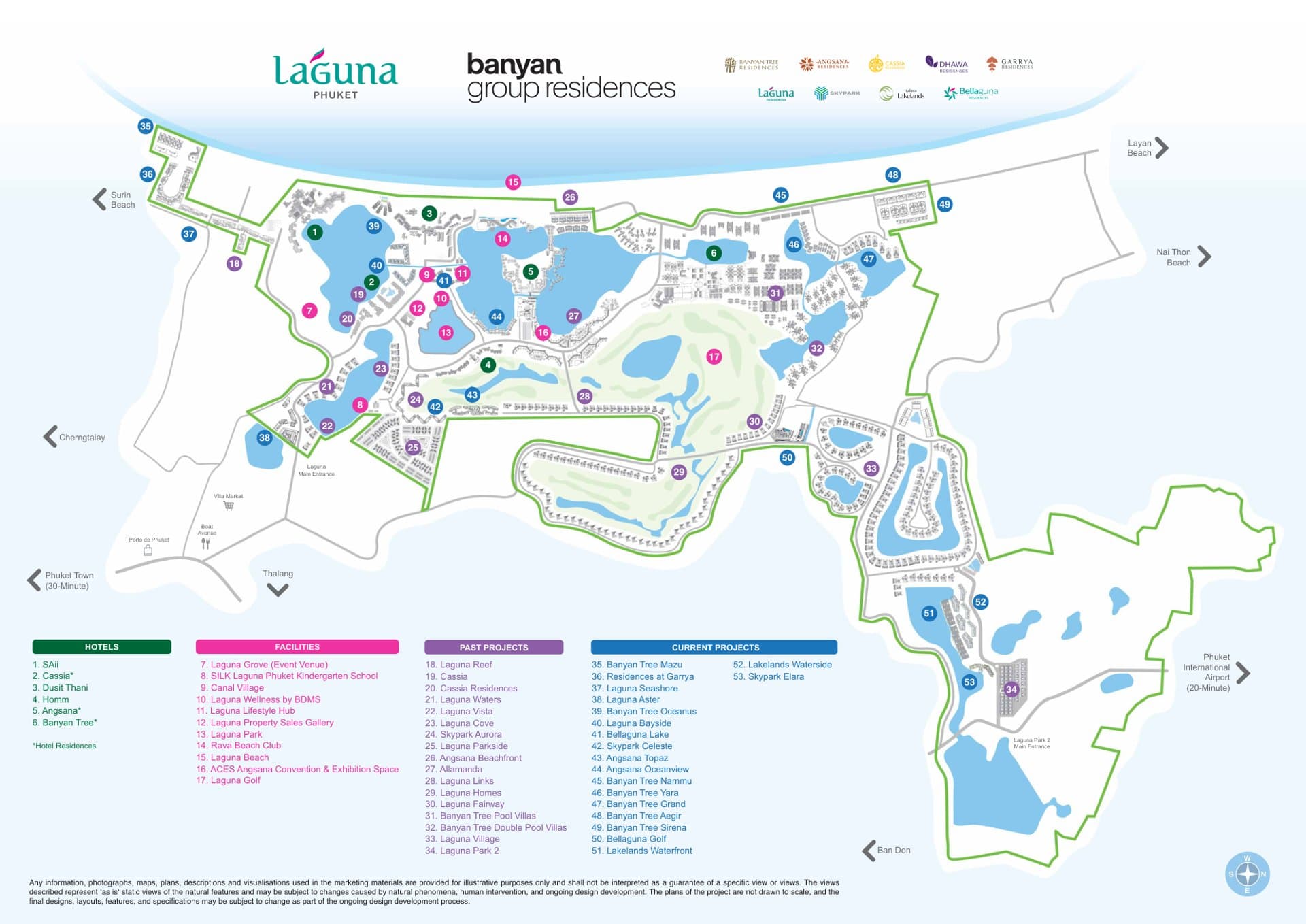 Banyan Group 自家繪製的 Laguna Phuket 莊園地圖:酒店、設施、過往項目,以及全部現有住宅項目均已編號,由沙灘一排的 SAii 與 Cassia,直到內陸的 Lakelands 總體規劃