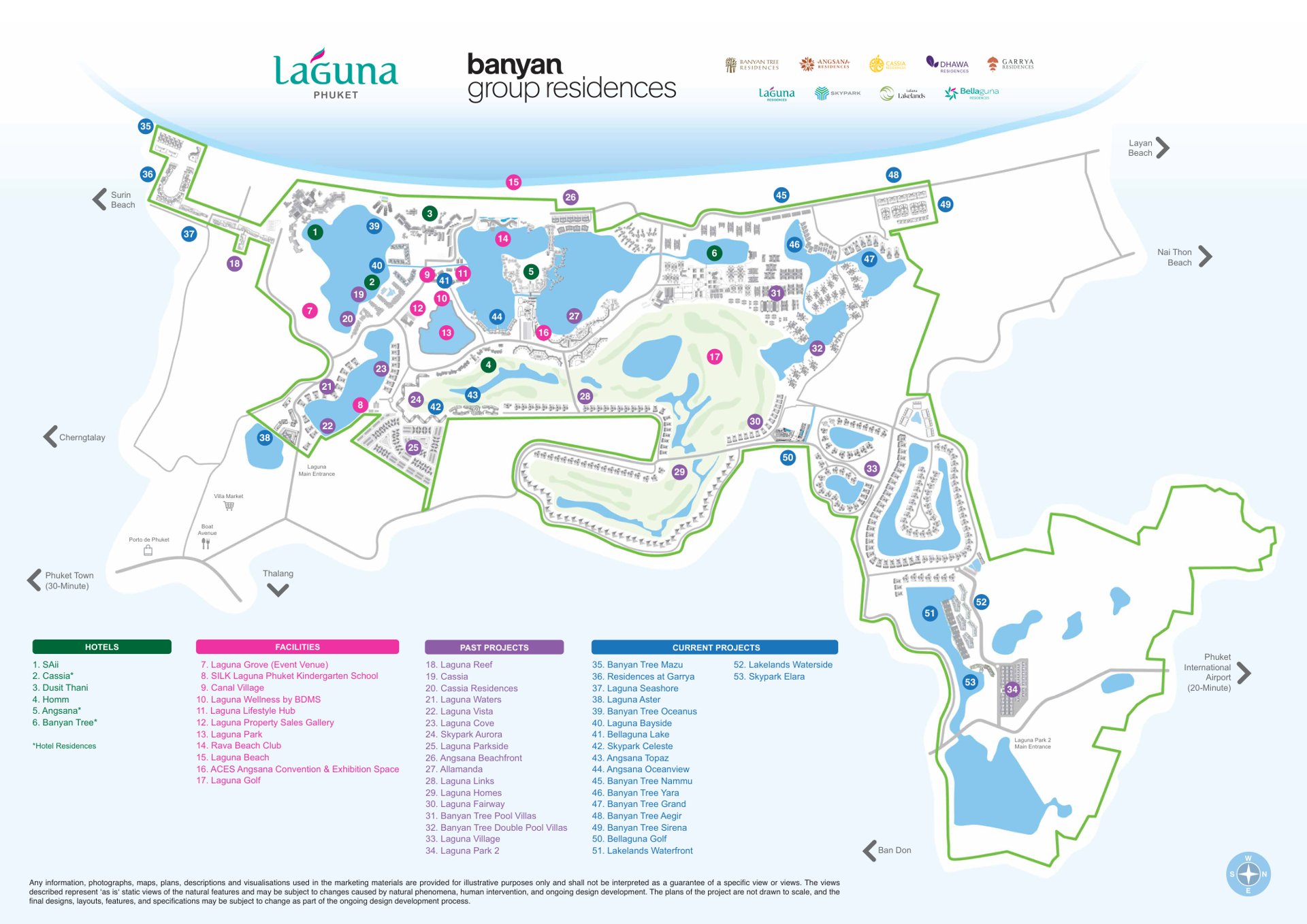 Banyan Group 自绘的 Laguna Phuket 开发项目地图:酒店、设施、过往项目,以及所有现行住宅项目均有编号,由沙滩一排的 SAii 与 Cassia,至内陆的 Lakelands 总体规划