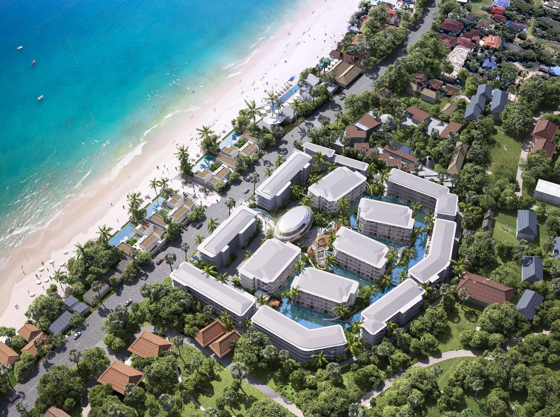 Компьютерный аэрорендер ANAVA Samui в Bo Phut, Koh Samui: тринадцать белых четырёхэтажных корпусов вокруг бассейна-лагуны и круглого центрального павильона, во второй линии от пляжа
