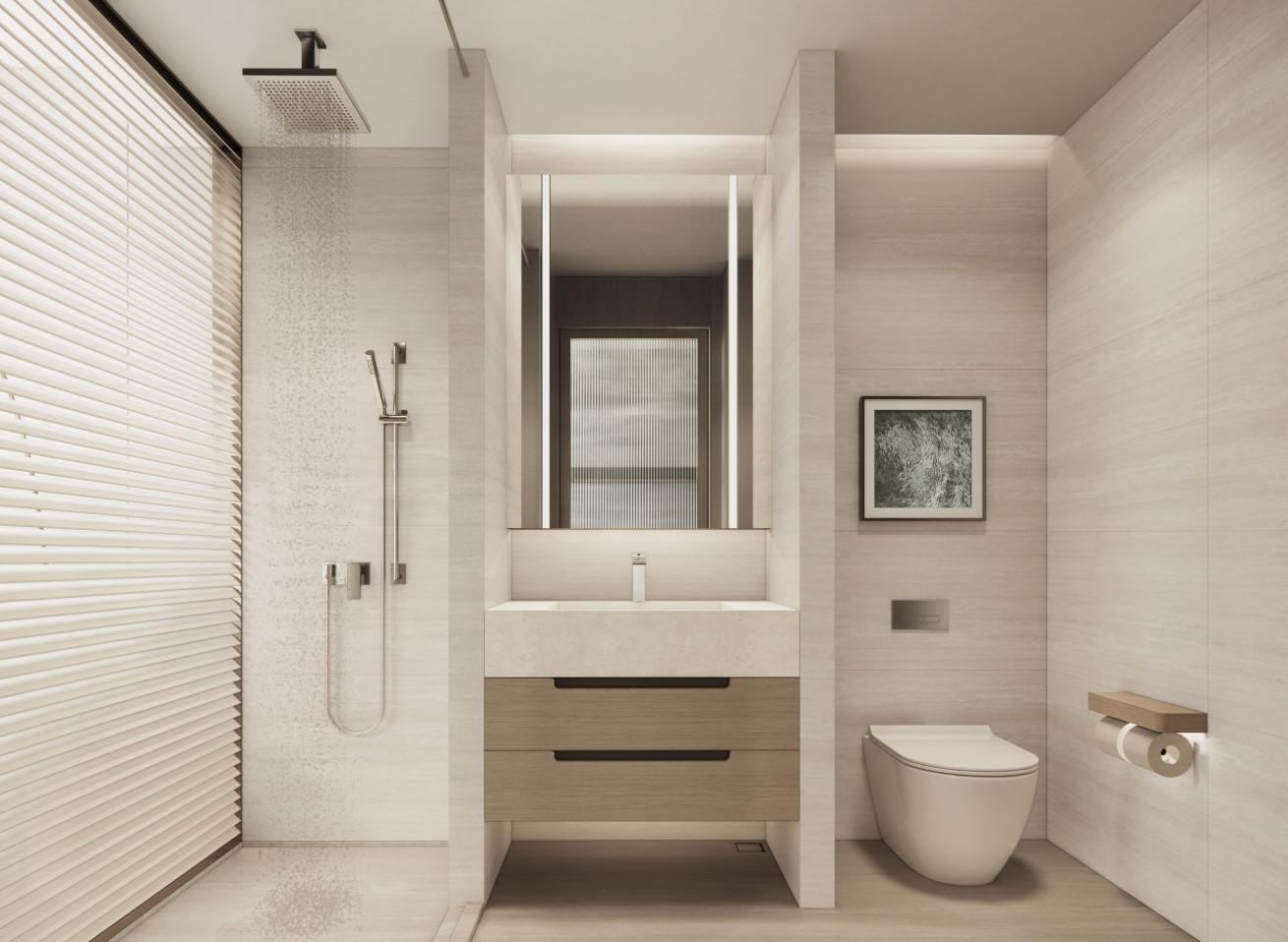 ภาพจำลองคอมพิวเตอร์ของห้องน้ำที่ ANAVA Samui เกาะสมุย: ฝักบัวแบบเดินเข้า อ่างล้างหน้าแขวนผนัง และตู้กระจกเงา