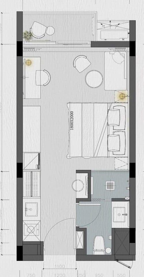 建商的 ANAVA Samui(Koh Samui)A 座開放式單位圖則,33.5 平方公尺:睡床、起居角落、沿牆廚房、浴室與露台
