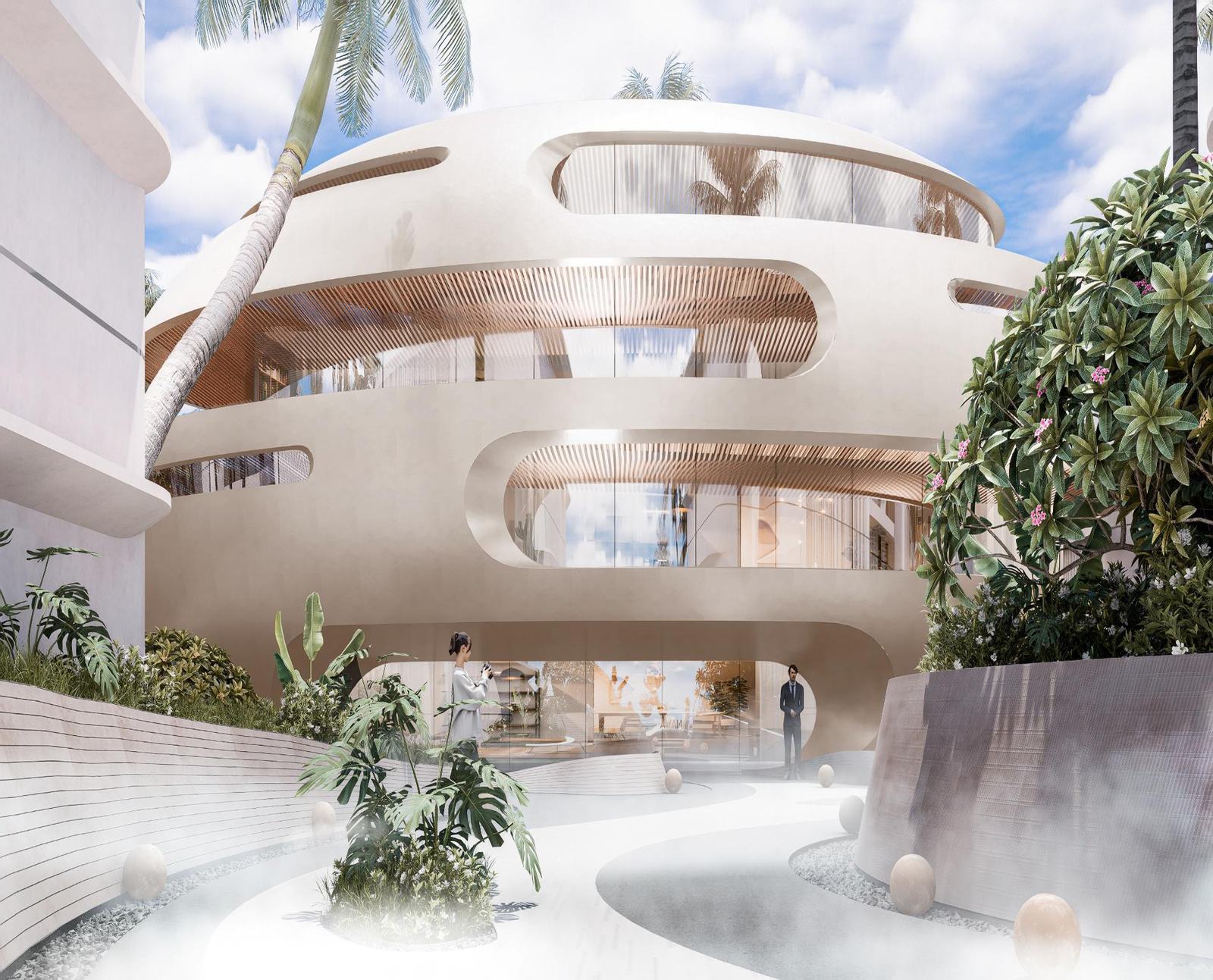 ANAVA Samui(Koh Samui)一座弧形白色涼亭的電腦效果圖,圓角窗洞,置身樹木與薄霧之間