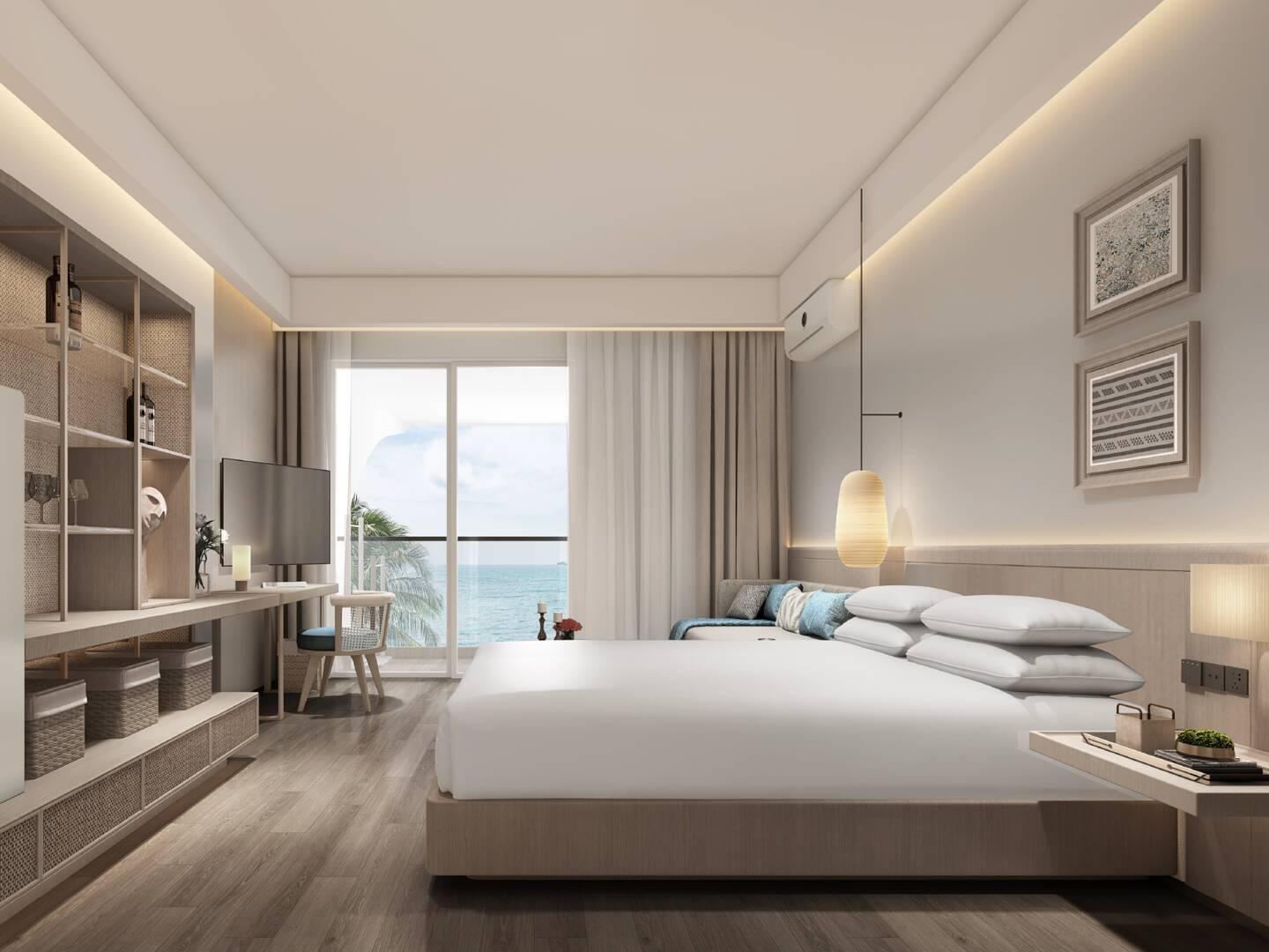 ภาพจำลองคอมพิวเตอร์ของสตูดิโอที่ ANAVA Samui เกาะสมุย: เตียงคู่ ผนังชั้นวางบิลท์อิน และประตูระเบียงเปิดสู่ทะเล