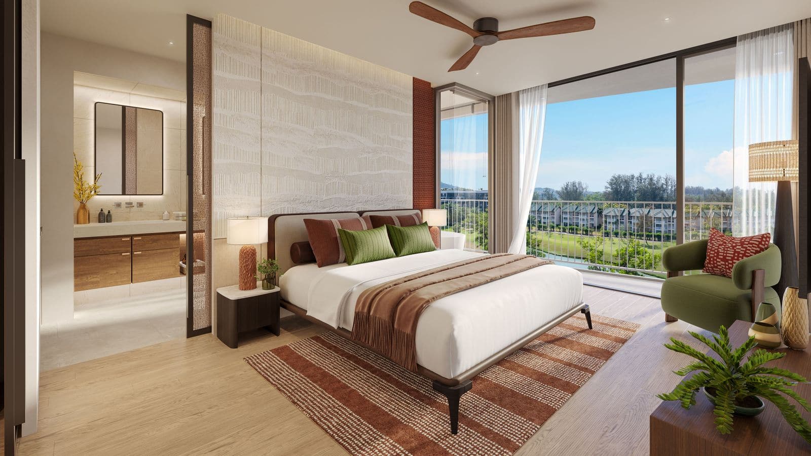 Angsana Golf Residences Topaz 一间卧室的效果图:落地玻璃通往露台,望见高尔夫球场