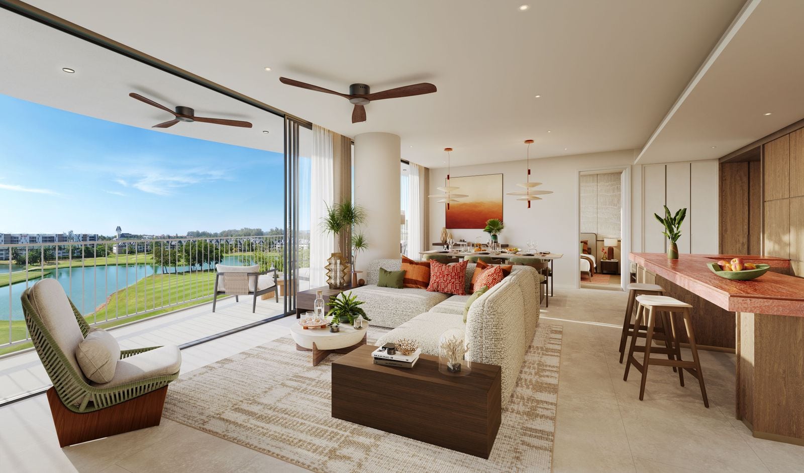 Angsana Golf Residences Topaz 客餐厅通向露台的效果图,可望见高尔夫球场及其湖泊