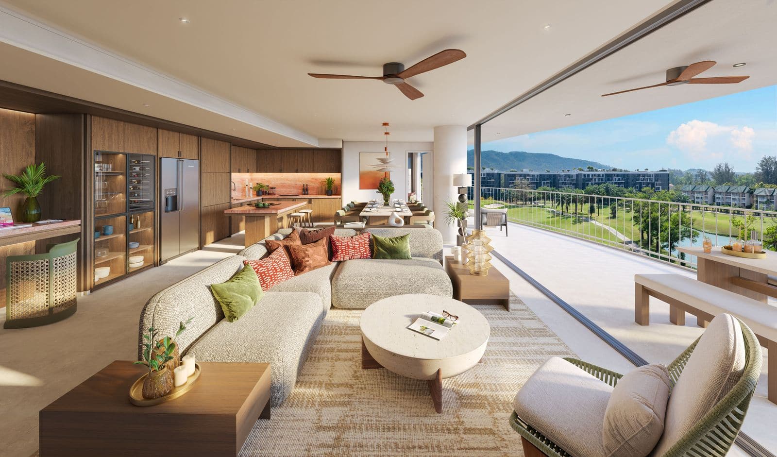 Angsana Golf Residences Topaz 宽敞客厅与厨房通向俯瞰高尔夫球场露台的效果图,远处是山丘