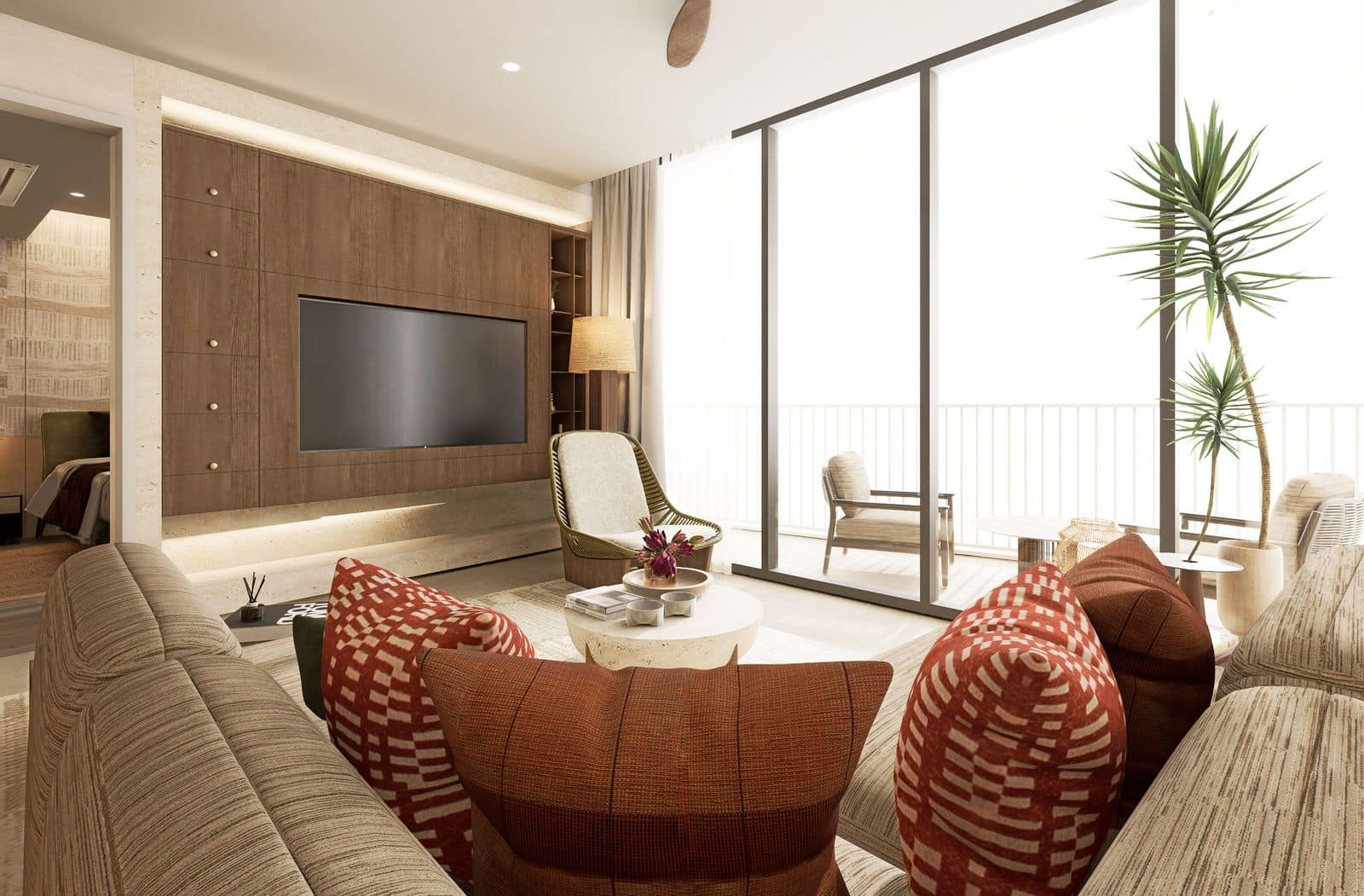 Angsana Golf Residences Topaz 客廳的效果圖:梳化面向電視牆,外面是露台
