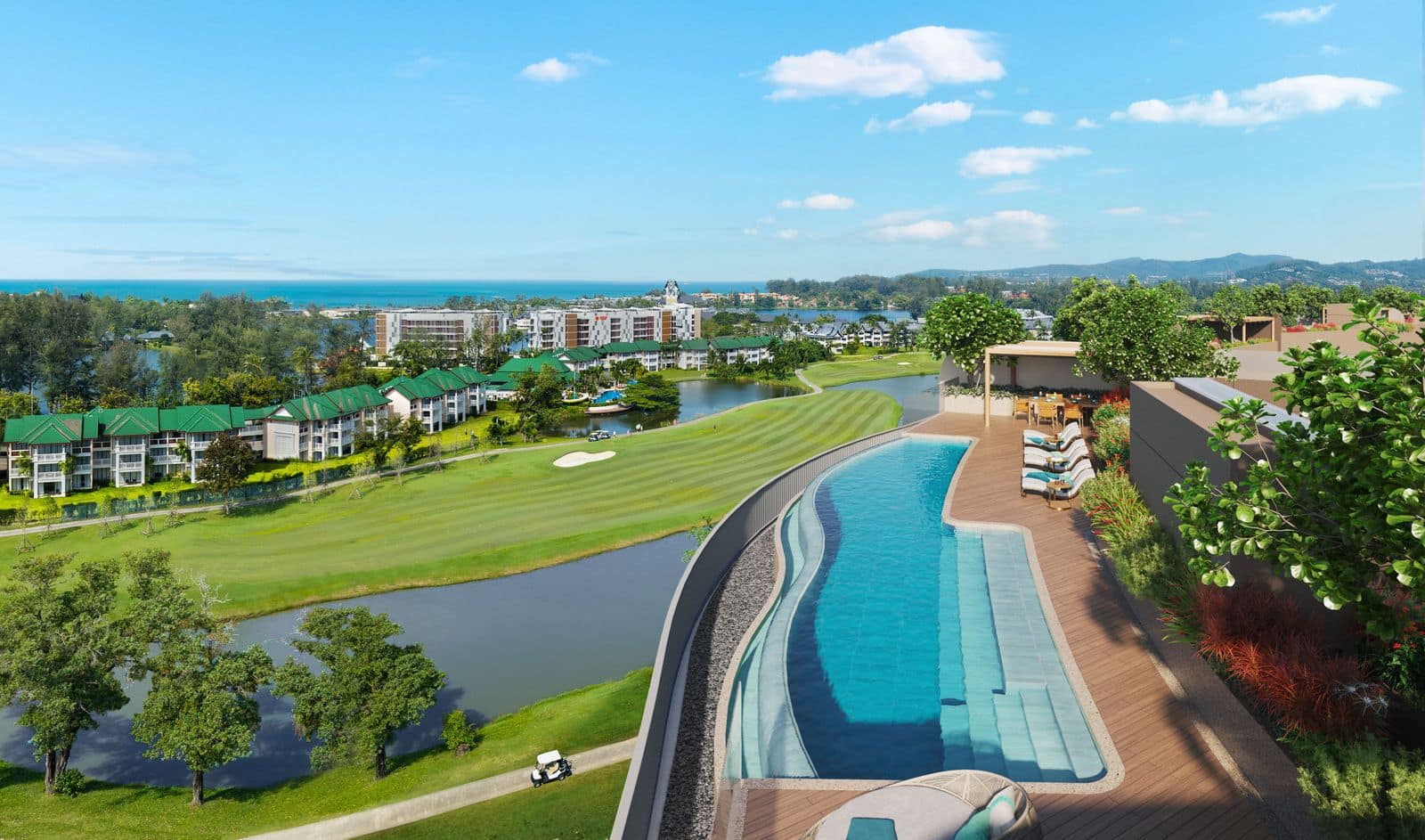 Angsana Golf Residences Topaz 一個沿頂層單位天台弧形邊緣而建的長形私人泳池效果圖,俯瞰高爾夫球場