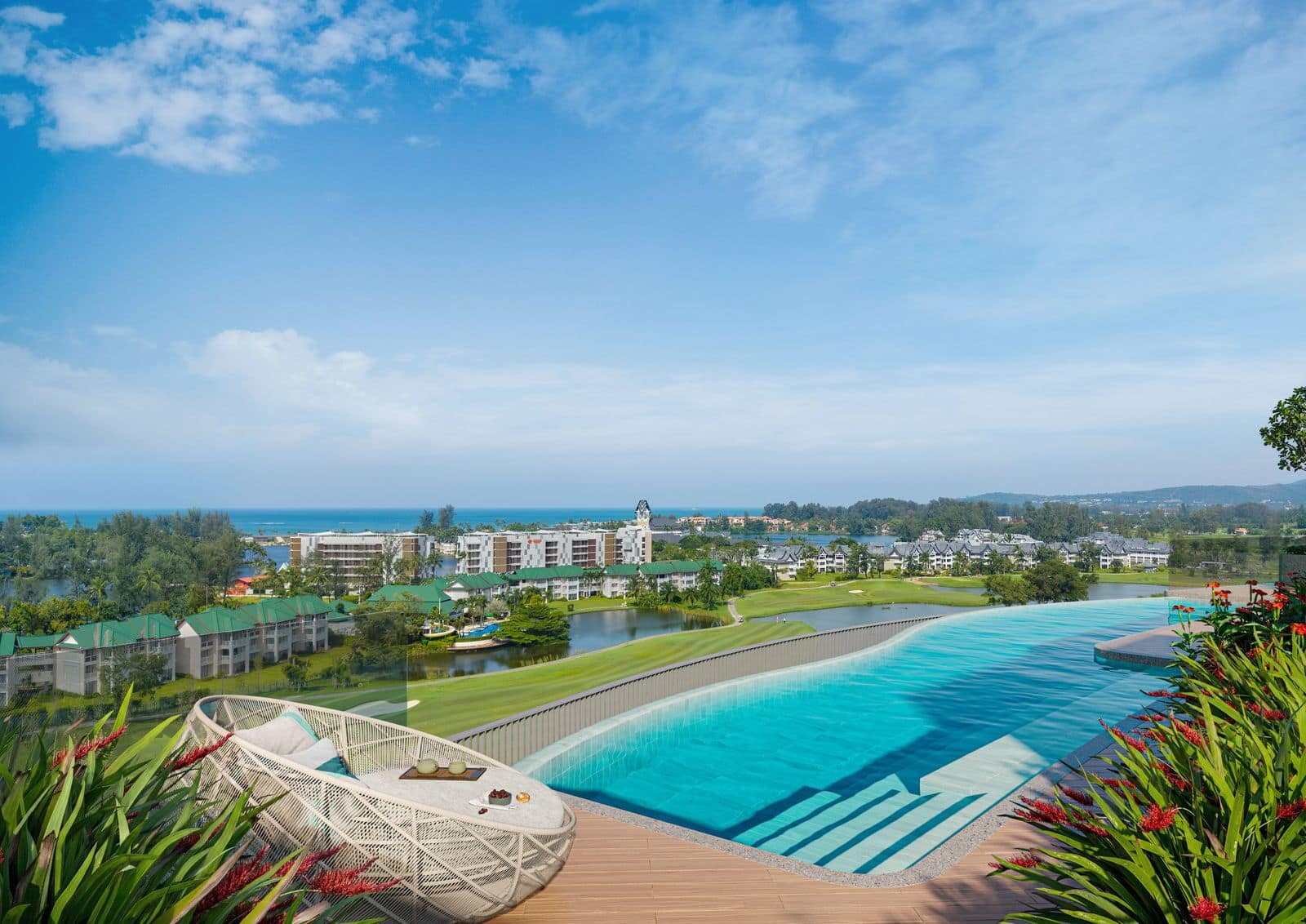 Angsana Golf Residences Topaz 一個頂層單位私人天台泳池的效果圖:設藤製日床與日光躺椅,望向高爾夫球場
