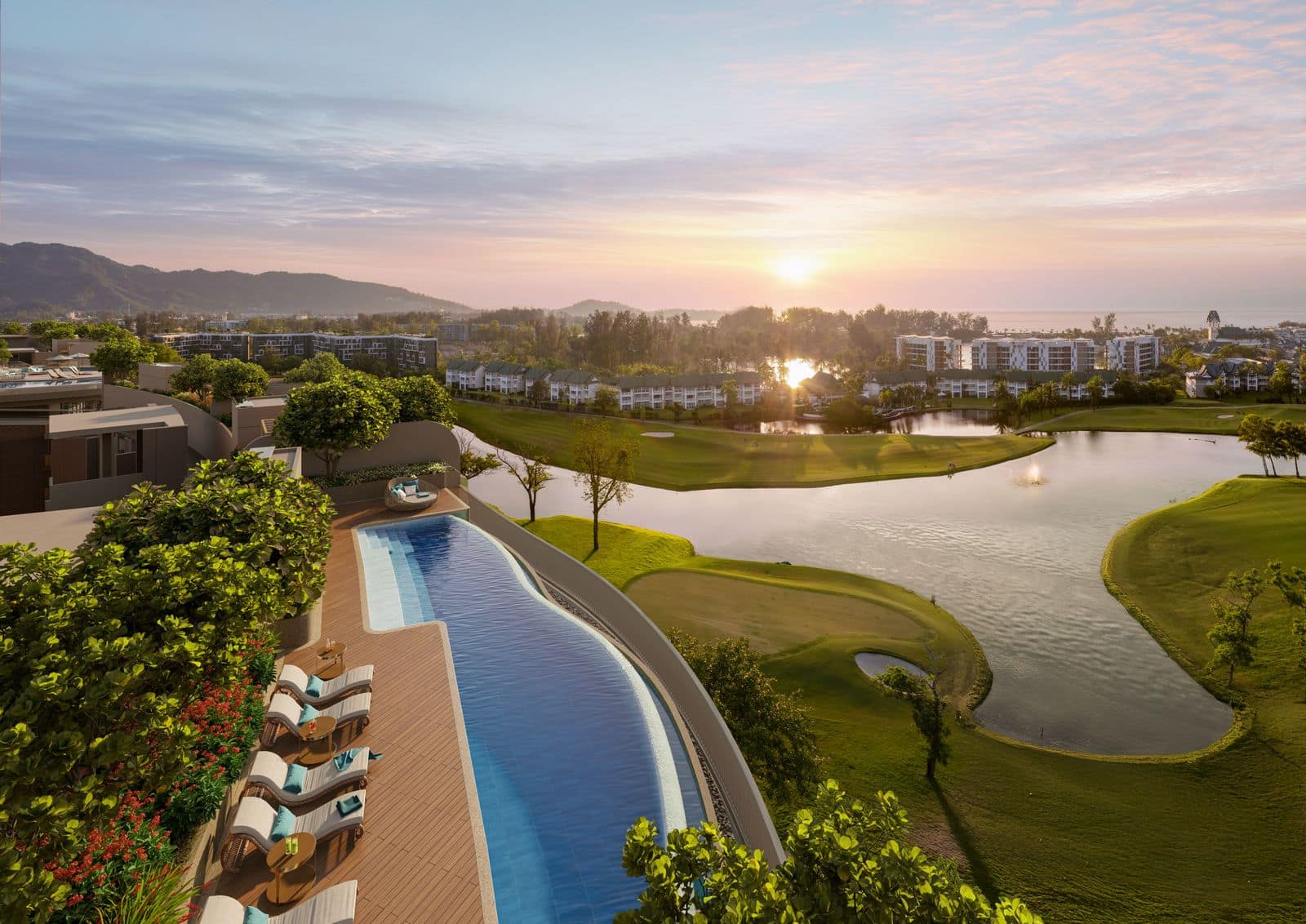 日落時分 Angsana Golf Residences Topaz 一個頂層單位私人天台泳池的效果圖,下方是高爾夫球場及其湖泊