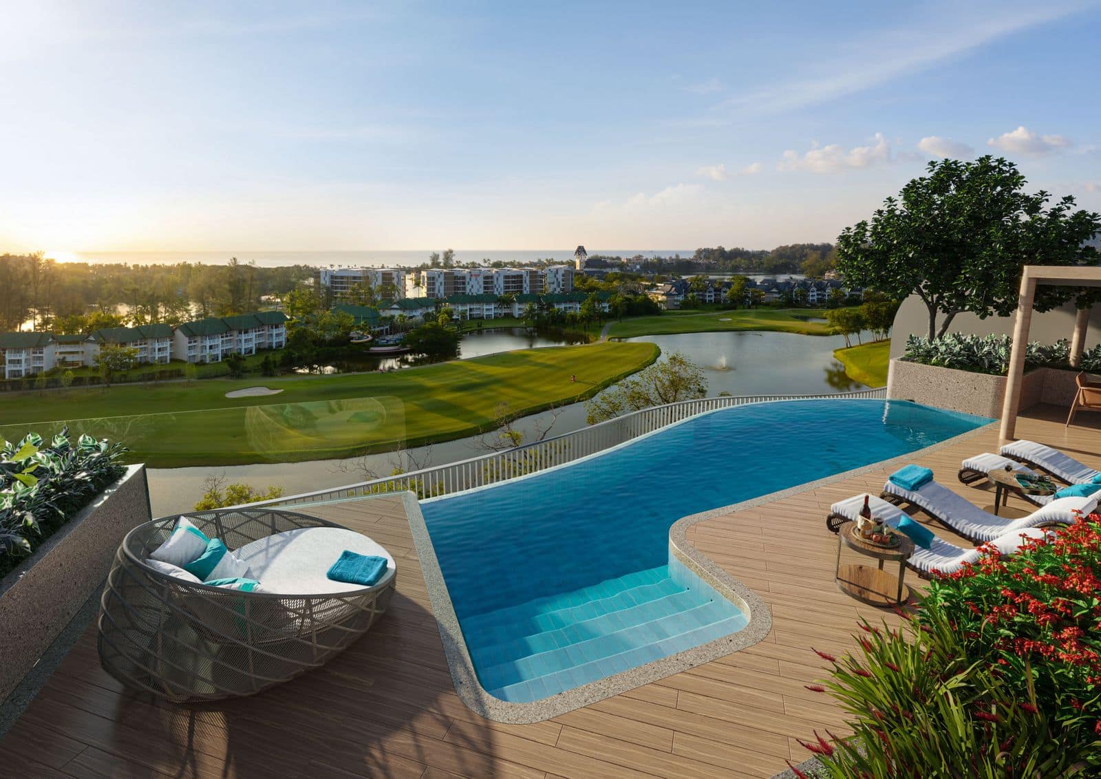 Angsana Golf Residences Topaz 頂層單位天台的效果圖:私人泳池、日床與木平台,遠處是高爾夫球場與大海