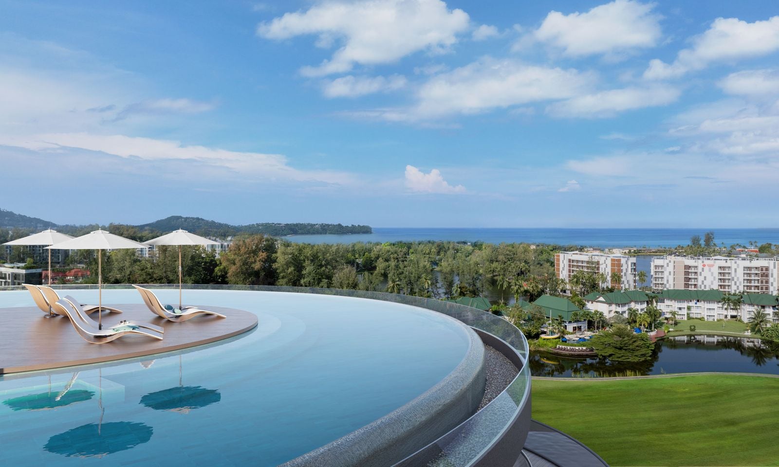 Angsana Golf Residences Topaz 环形空中泳池边缘的效果图:设遮阳伞与躺椅,越过高尔夫球场望向大海