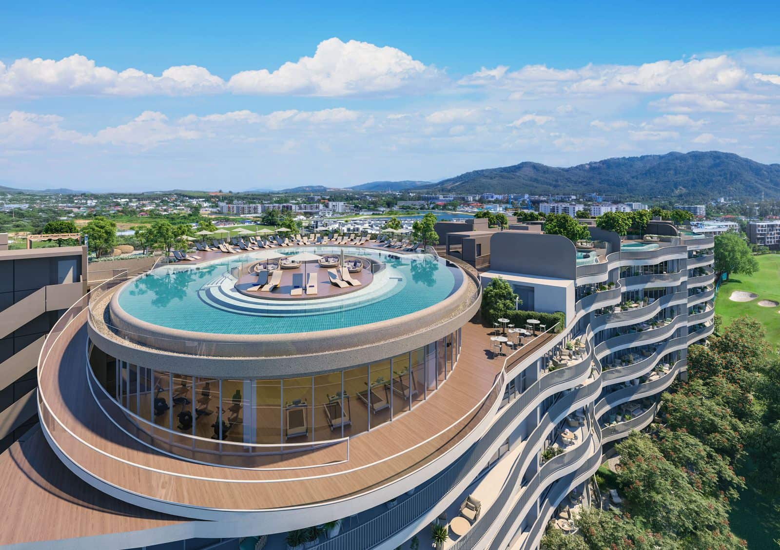 Angsana Golf Residences Topaz B栋屋顶环形空中泳池的俯瞰效果图,远处是高尔夫球场与 Phuket 的山丘