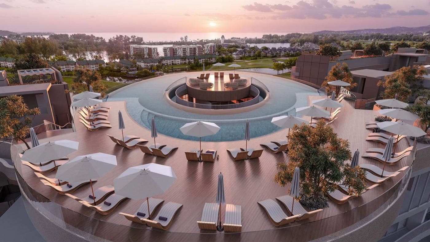 Laguna Phuket、Angsana Golf Residences Topaz 空中泳池的電腦效果圖:越過高爾夫球場望向安達曼海