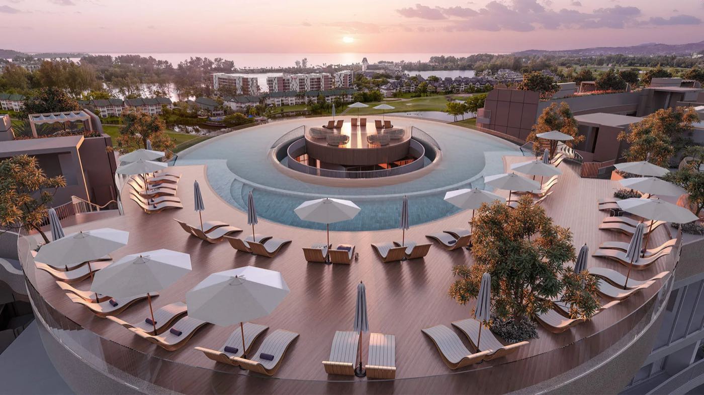 Computer-generated render of the sky pool at Angsana Golf Residences Topaz, Laguna Phuket, looking over the golf course toward the Andaman Sea