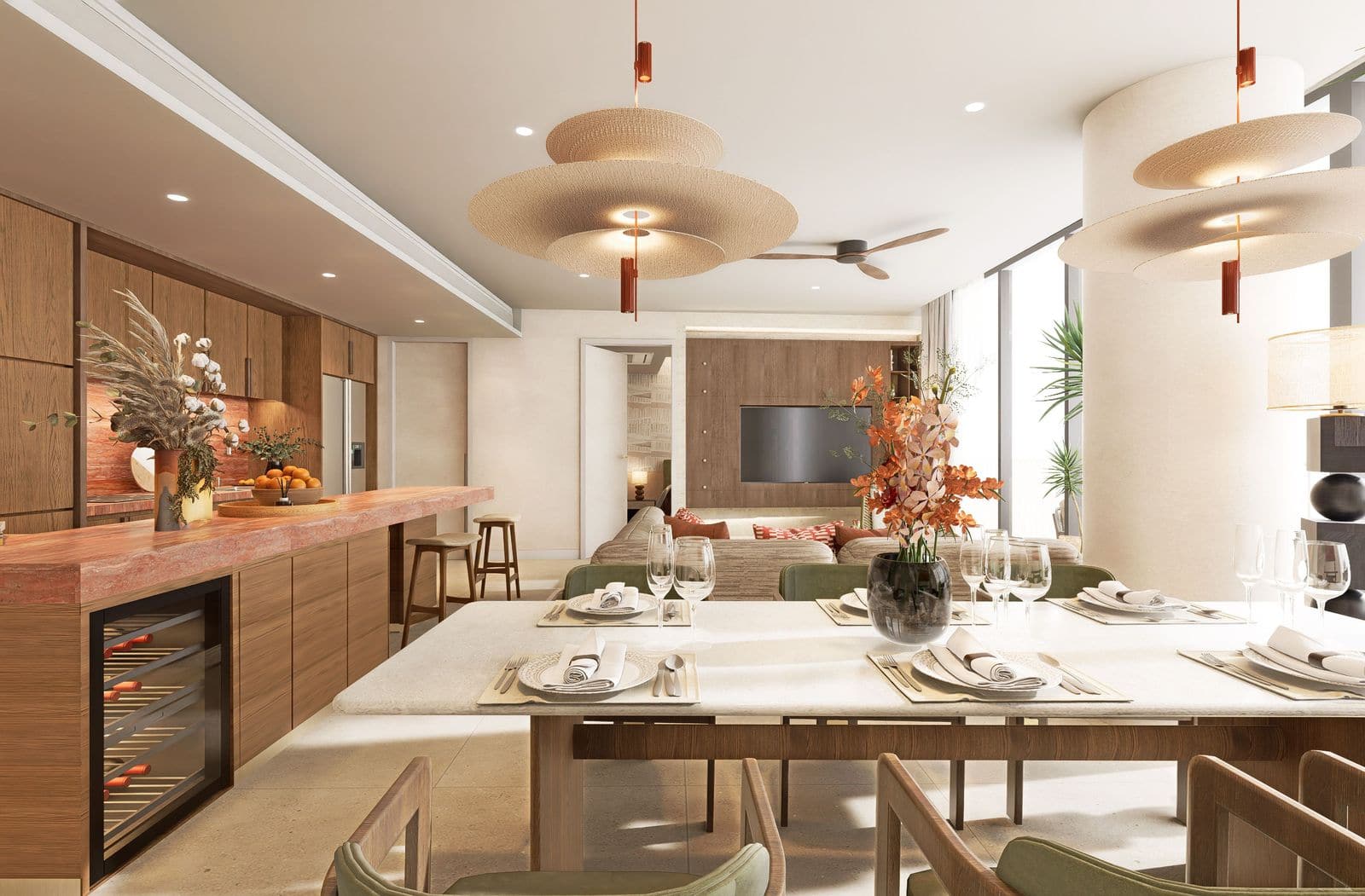 Angsana Golf Residences Topaz 两居室用餐区的效果图:大理石台面橱柜与酒柜