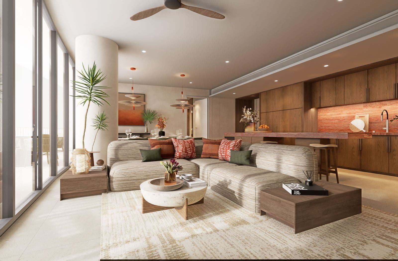 Angsana Golf Residences Topaz 两居室客厅的效果图:落地玻璃旁的长沙发,后方是厨房