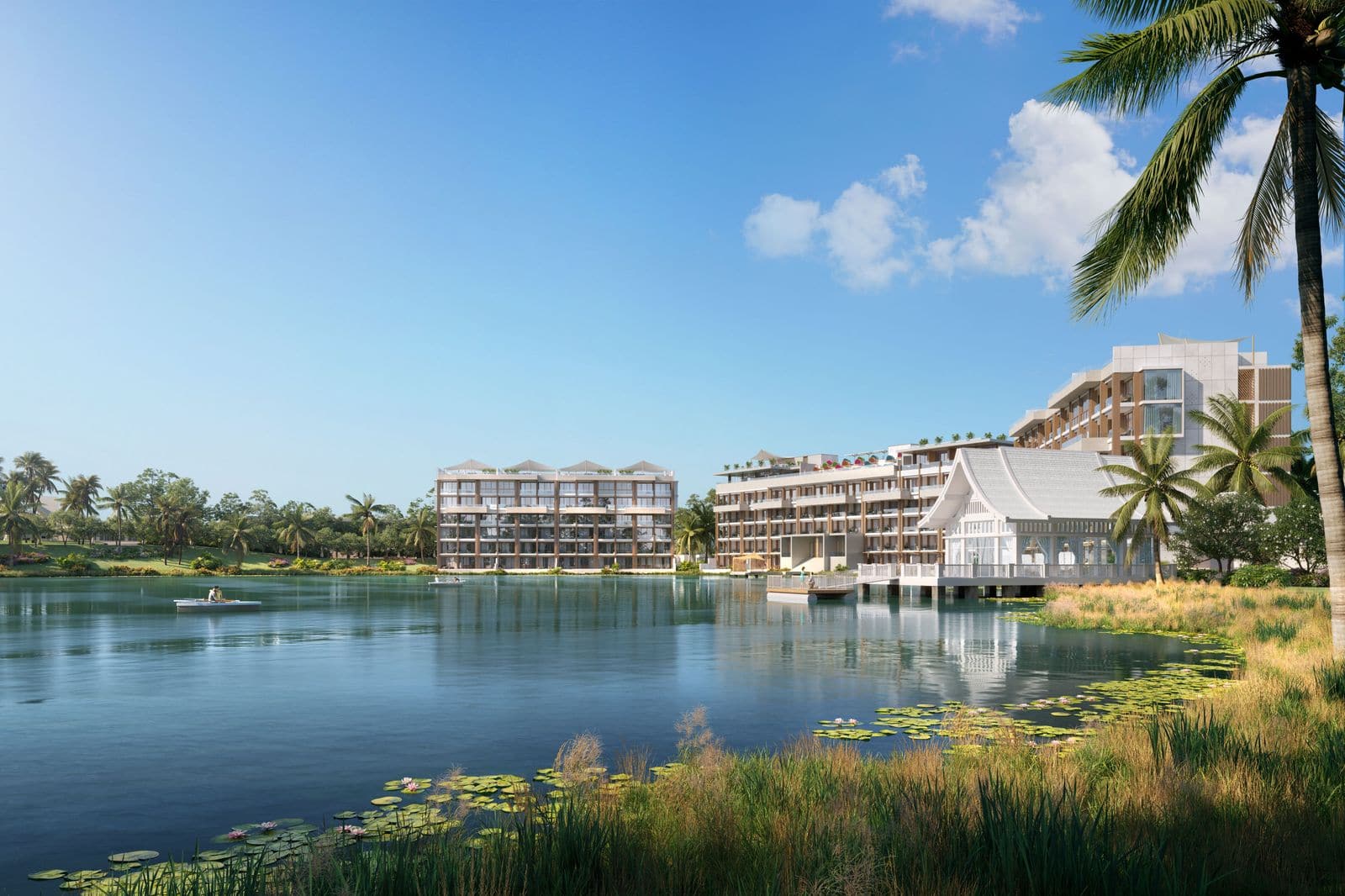 Render of Angsana Oceanview Residences seen across the lagoon, with the white pavilion on the water at the end of Building 3