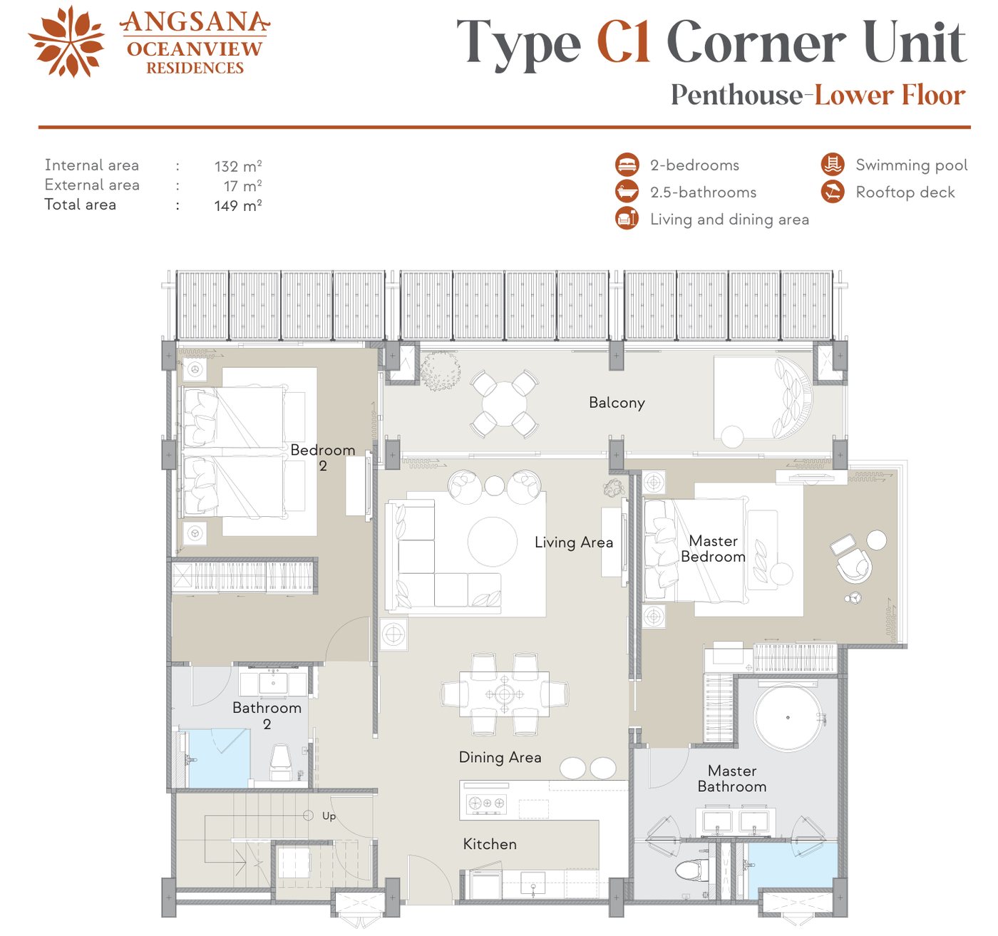 The developer's plan of the lower floor of the Type C1 corner two-bedroom penthouse at Angsana Oceanview Residences: 132 sqm inside and a 17 sqm balcony