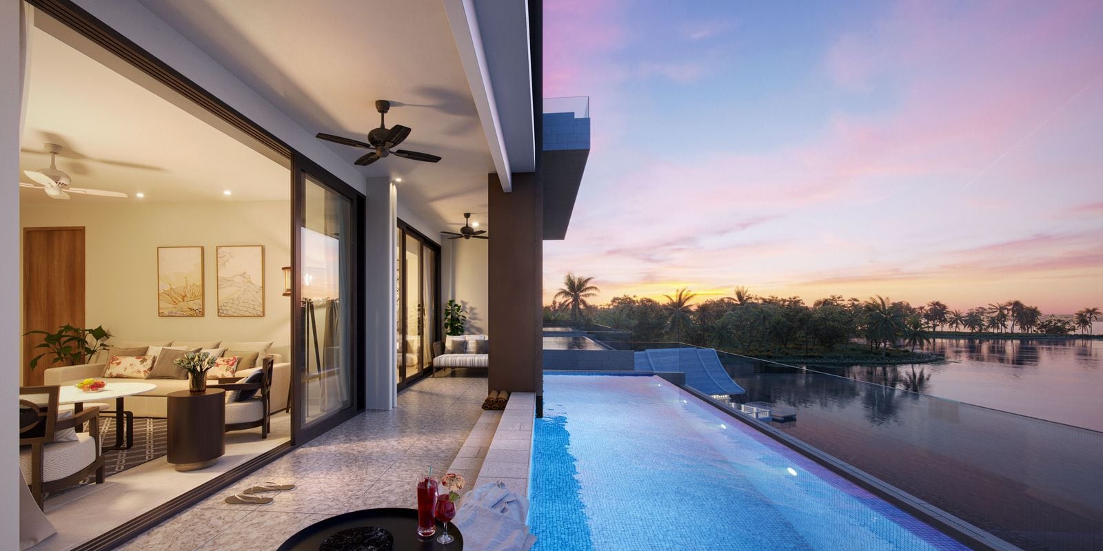 Render of a penthouse living room at Angsana Oceanview Residences at dusk, opening onto a pool over the lagoon