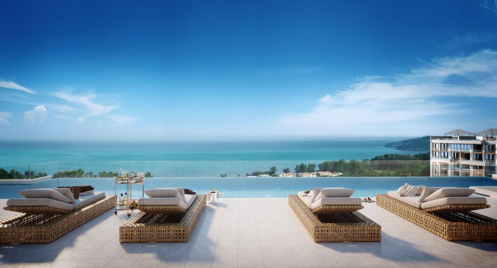Render of a penthouse roof deck at Angsana Oceanview Residences, with loungers along the edge of its pool