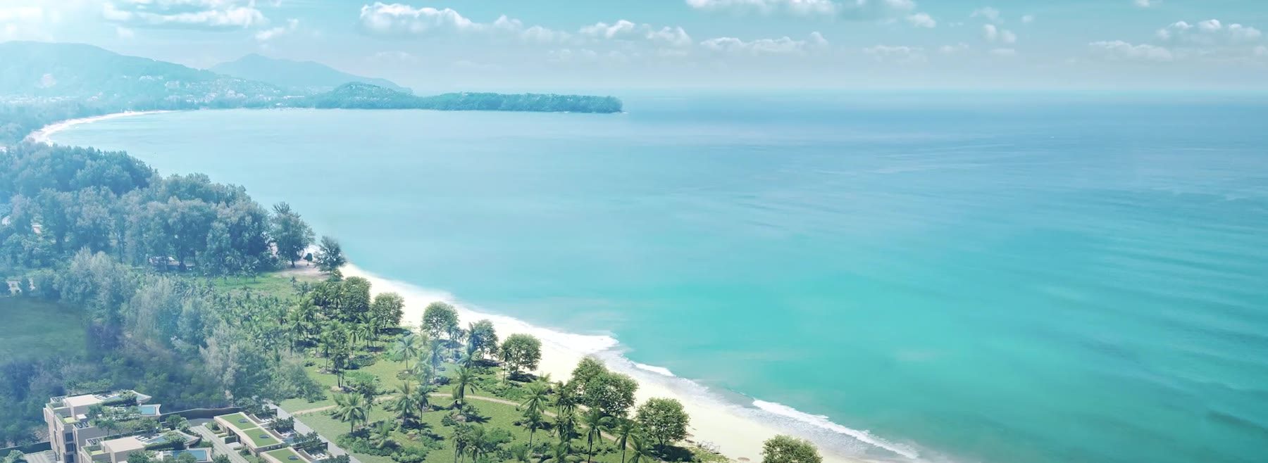 Computer-generated still from the developer's film of Banyan Tree Beach Residences Aegir from the air, the row of villas with rooftop pools behind the sand of Bang Tao beach