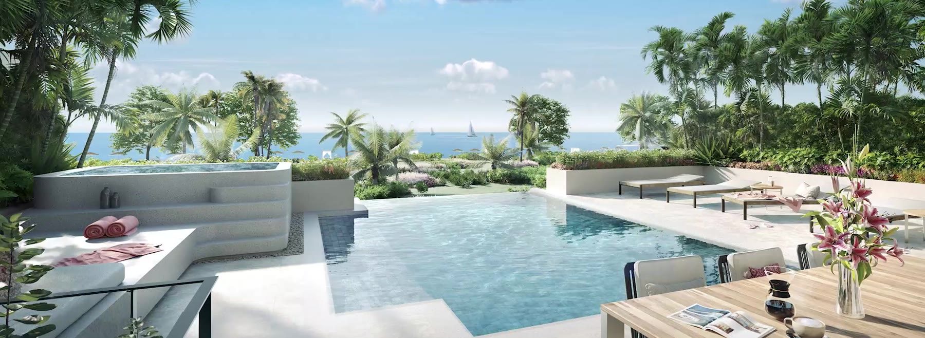 Computer-generated still from the developer's film of a Banyan Tree Beach Residences Aegir rooftop, an infinity pool and a dining table facing the sea over the palms