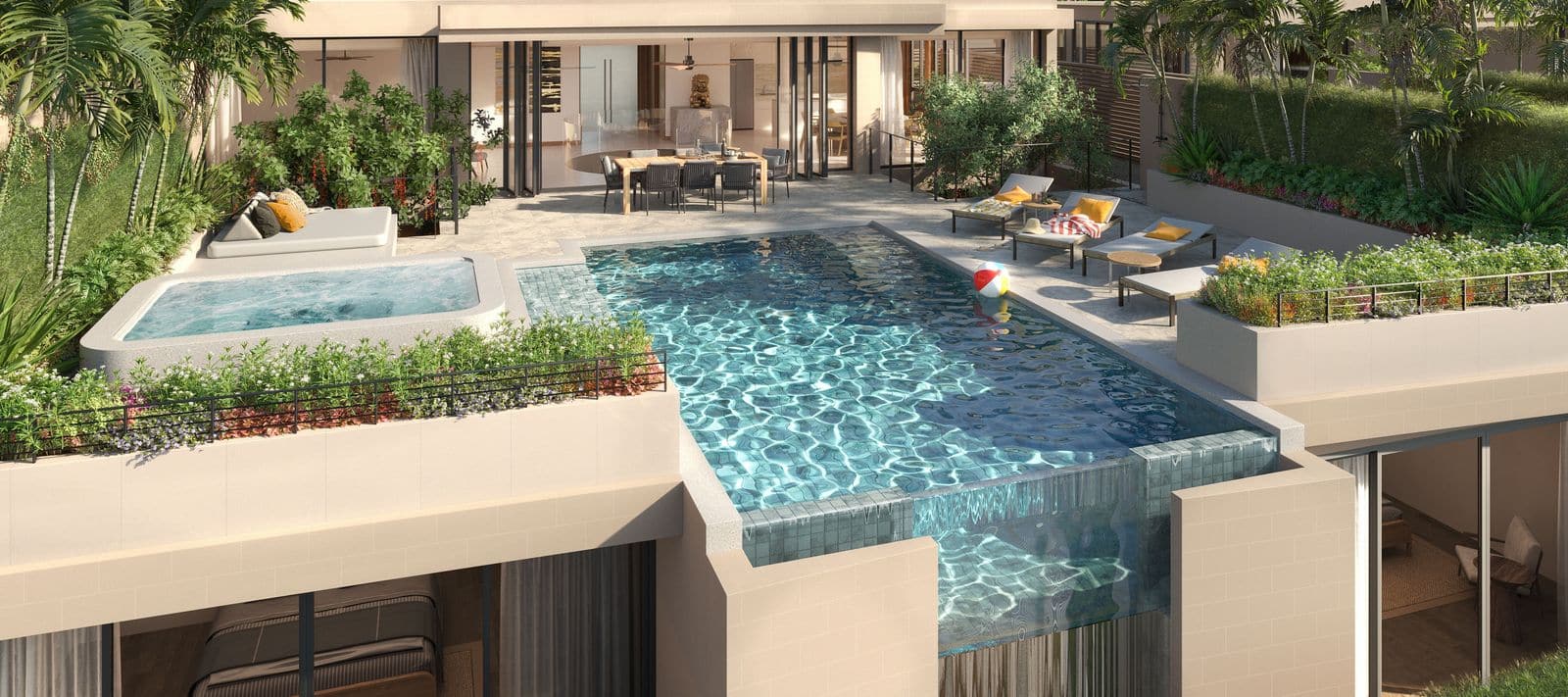 Banyan Tree Beach Residences Aegir 一栋别墅泳池及按摩池平台的效果图,下方是下层的玻璃