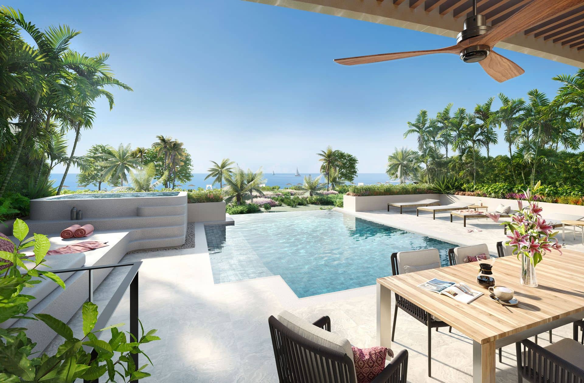 Banyan Tree Beach Residences Aegir 一栋别墅上层平台的效果图:私人泳池、按摩池及廊架下的户外餐桌,远处是棕榈树与大海
