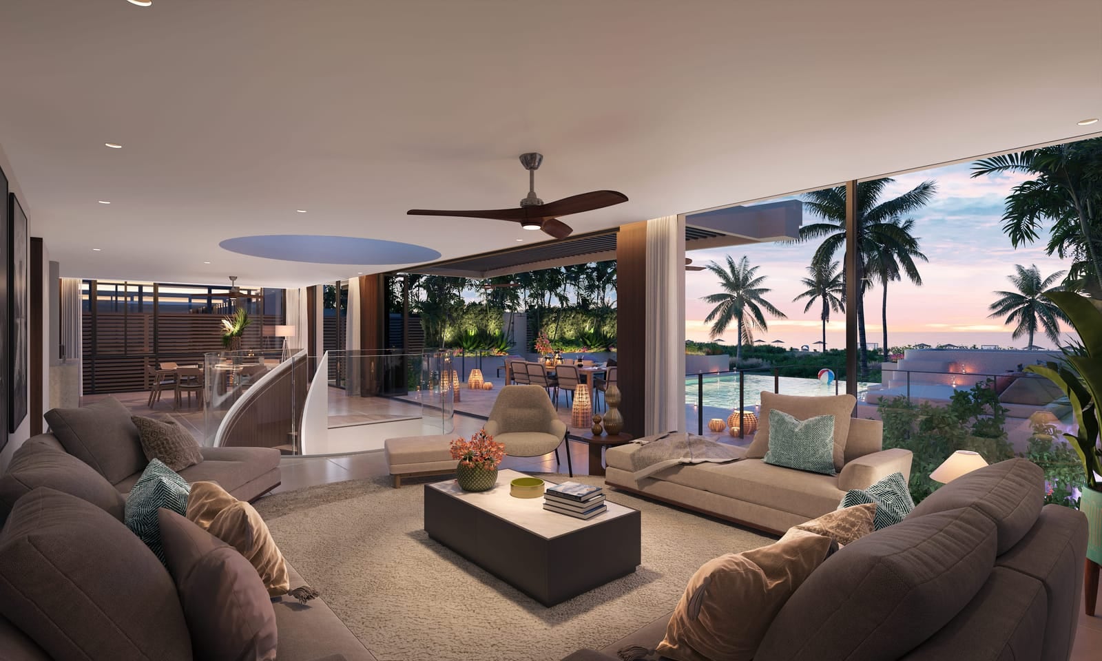 黄昏时 Banyan Tree Beach Residences Aegir 一栋别墅上层客厅的效果图,沙发靠近玻璃栏杆,外面是泳池