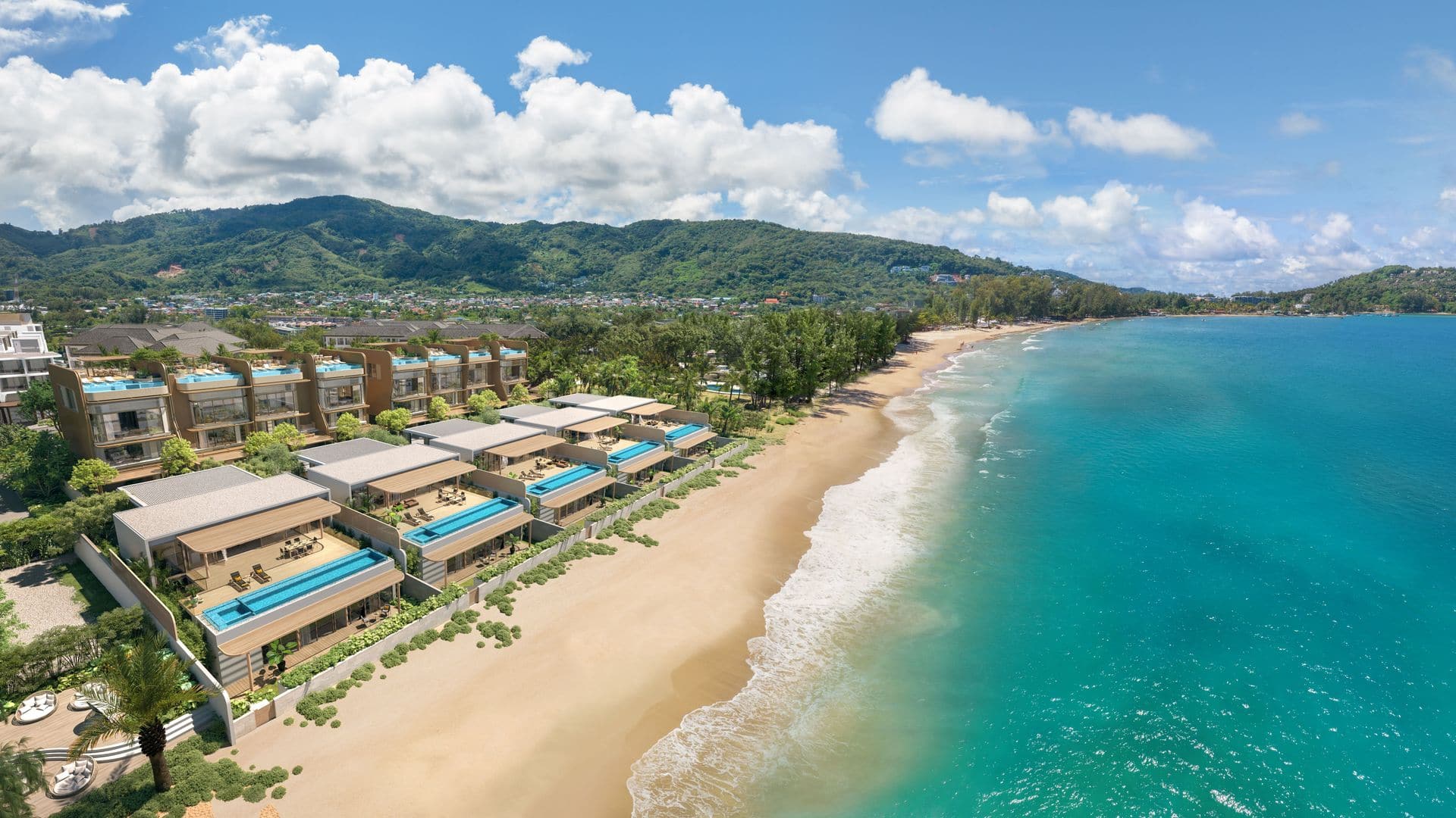Computer-generated aerial view of the five villas of Banyan Tree Beach Residences Mazu in a row on Bang Tao Beach, each garden running down to the sand, Laguna Phuket