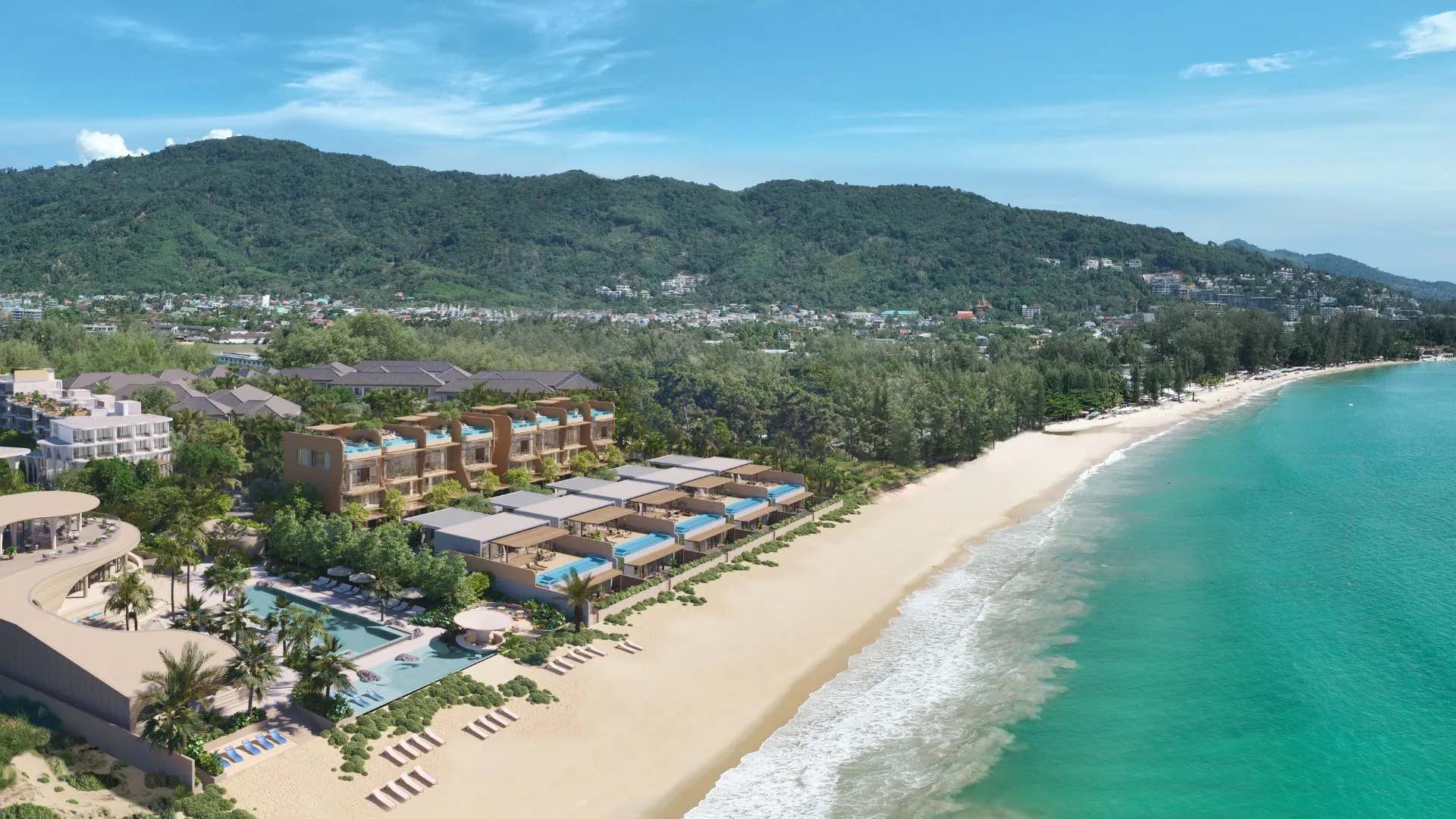 Computer-generated render from the developer of Banyan Tree Beach Residences Mazu from the air: the row of five villas with their pools on the Bang Tao sand, the hotel and the hills behind