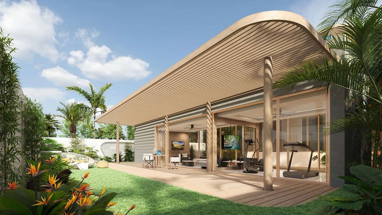 Banyan Tree Beach Residences Mazu 一幢別墅私人花園的電腦效果圖:家居健身房與多用途房間在弧形木構屋頂之下開向草坪