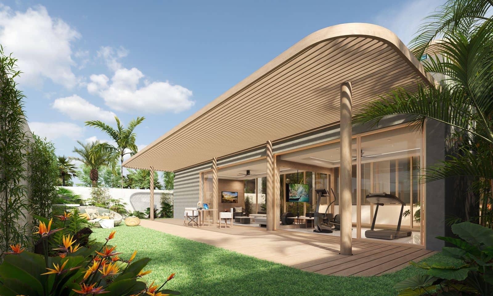 ภาพจำลองสวนของวิลล่าที่ Banyan Tree Beach Residences Mazu: สนามหญ้าและห้องออกกำลังกายที่เปิดออกสู่สนามหญ้า