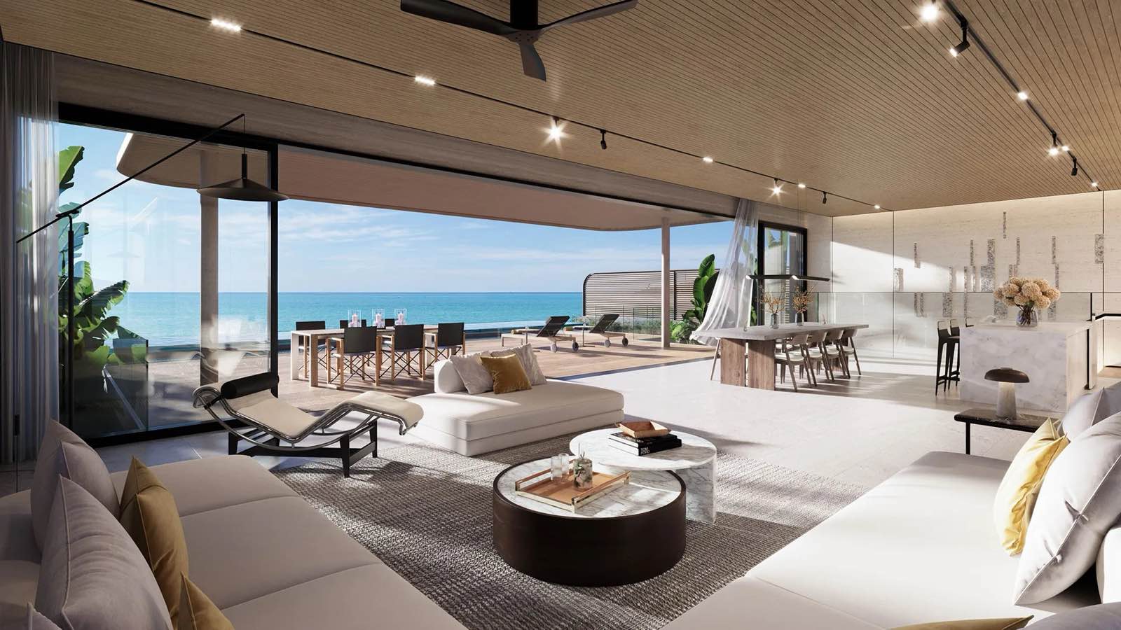 Banyan Tree Beach Residences Mazu 一幢別墅客飯廳的電腦效果圖:整幅闊度開向露台、泳池與大海