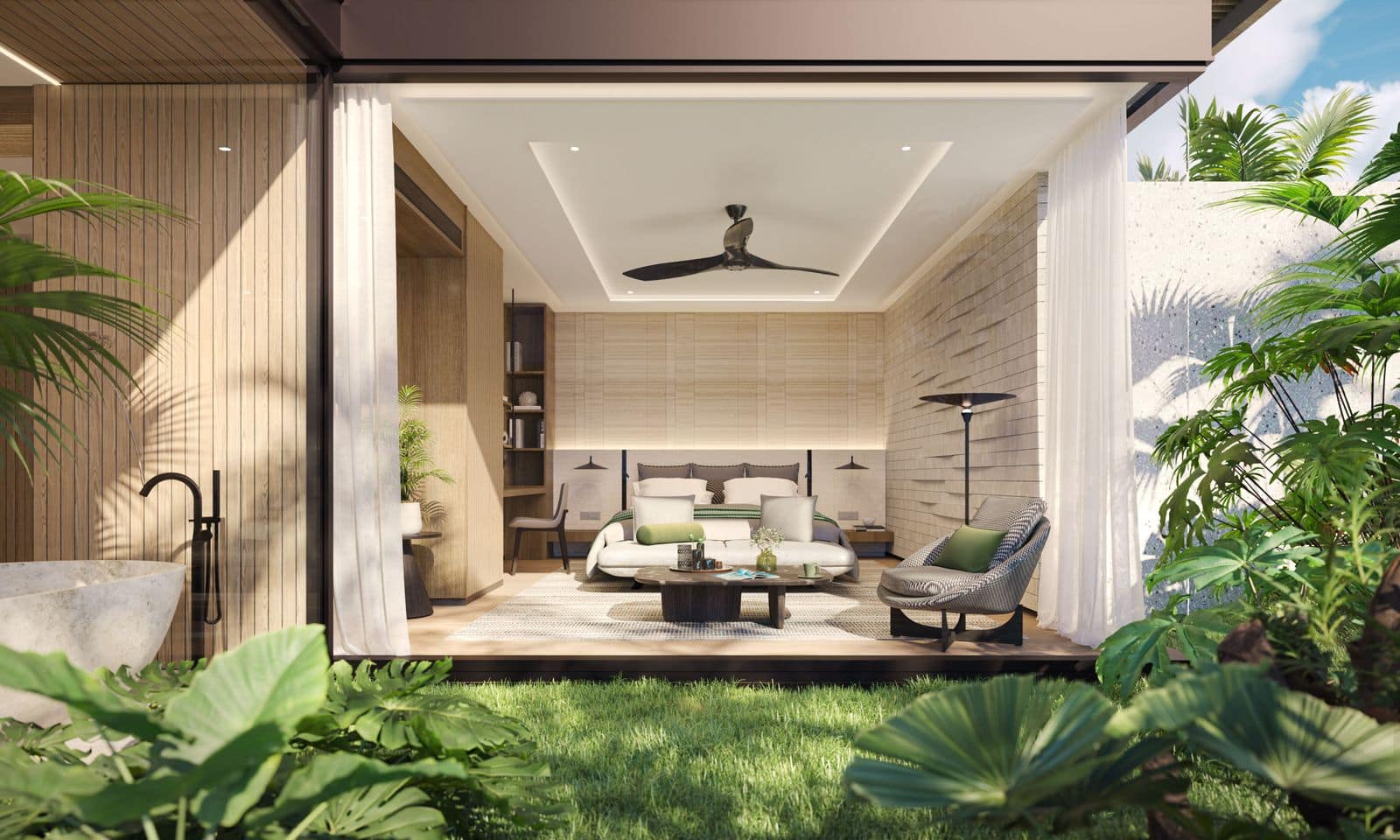 ภาพจำลองห้องนอนหลักของวิลล่าที่ Banyan Tree Beach Residences Mazu เปิดออกสู่สวน พร้อมอ่างอาบน้ำแบบตั้งอิสระ