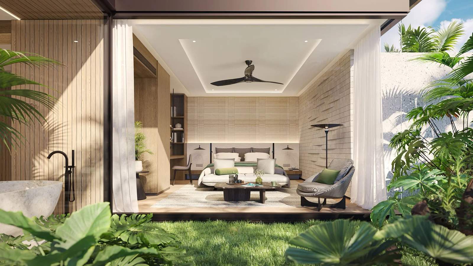 Banyan Tree Beach Residences Mazu 一間地面層臥室的電腦效果圖:開向私人花園,外面露台上設石造浴缸