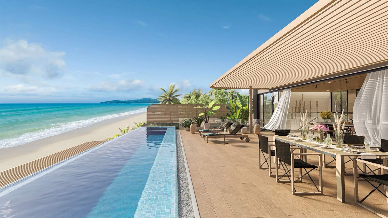 Banyan Tree Beach Residences Mazu 一幢別墅上層露台的電腦效果圖:無邊際泳池伸向 Bang Tao 海灘,躺椅與木構簷篷下的用餐露台