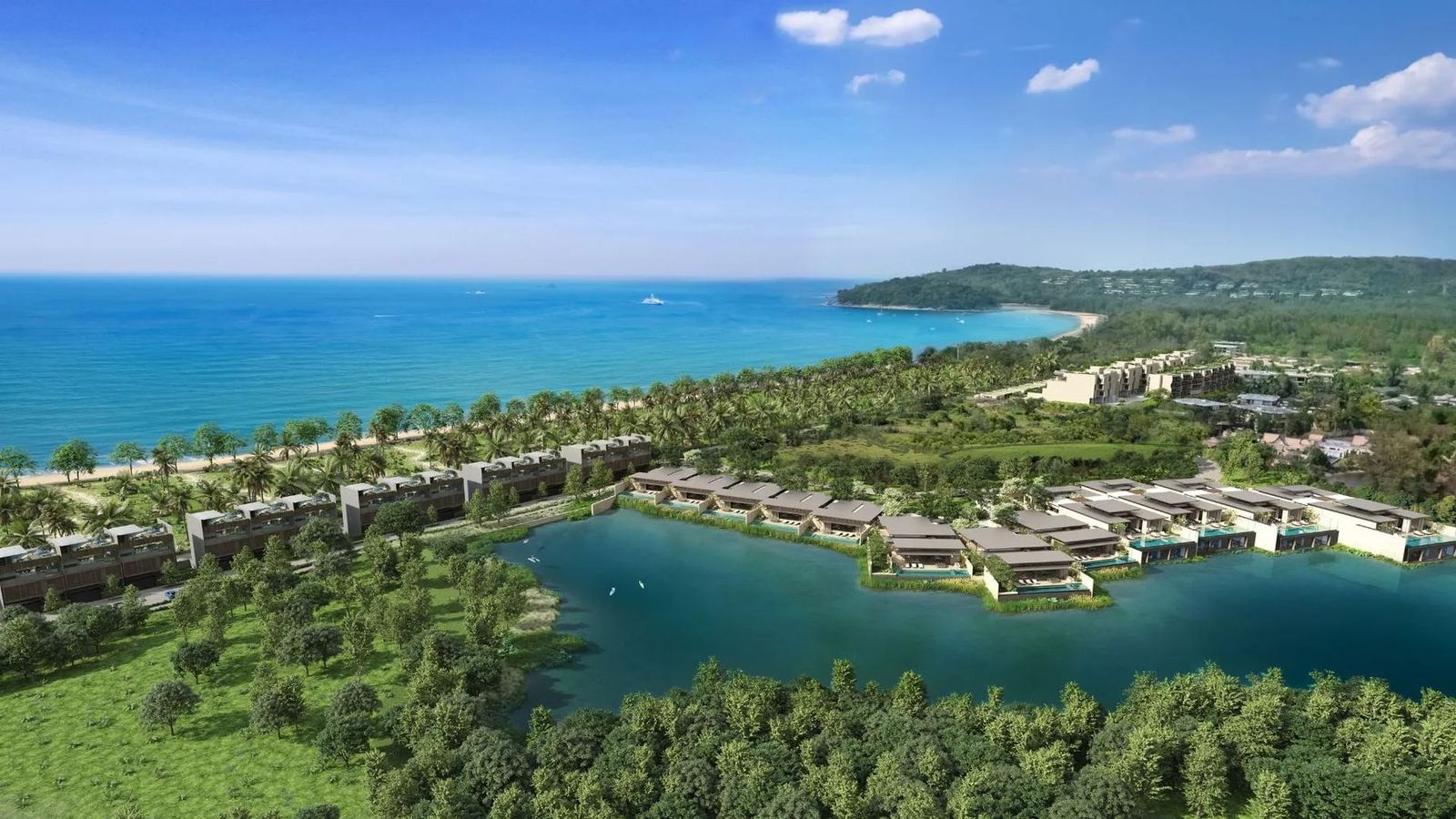 Banyan Tree Beach Residences Nammu с высоты, компьютерная визуализация: ряд таунхаусов между лагуной и пляжем Bang Tao, за ним море
