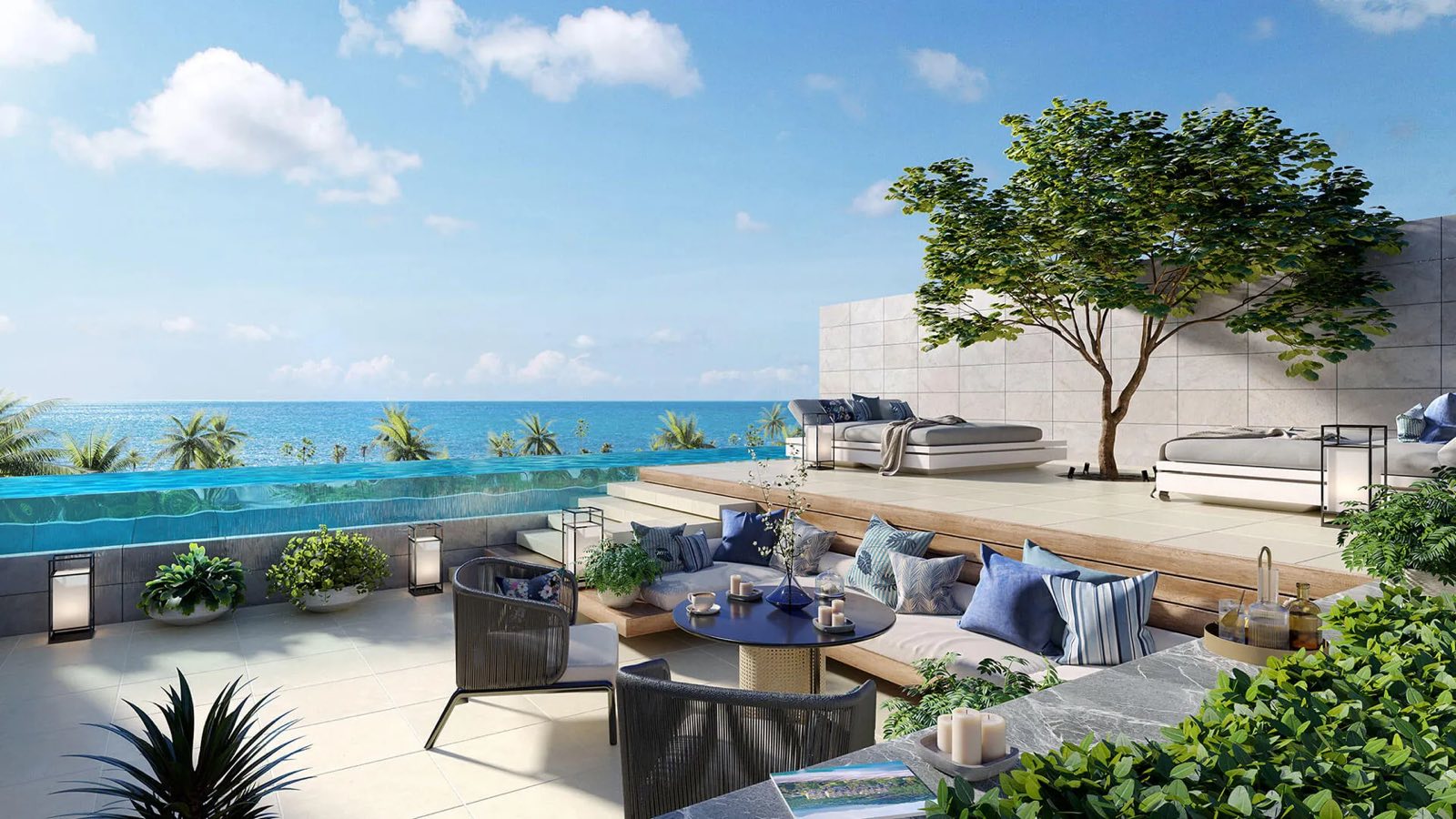 Computer-generated render of a rooftop terrace at Banyan Tree Beach Residences Nammu, the pool and the lounge deck facing the sea