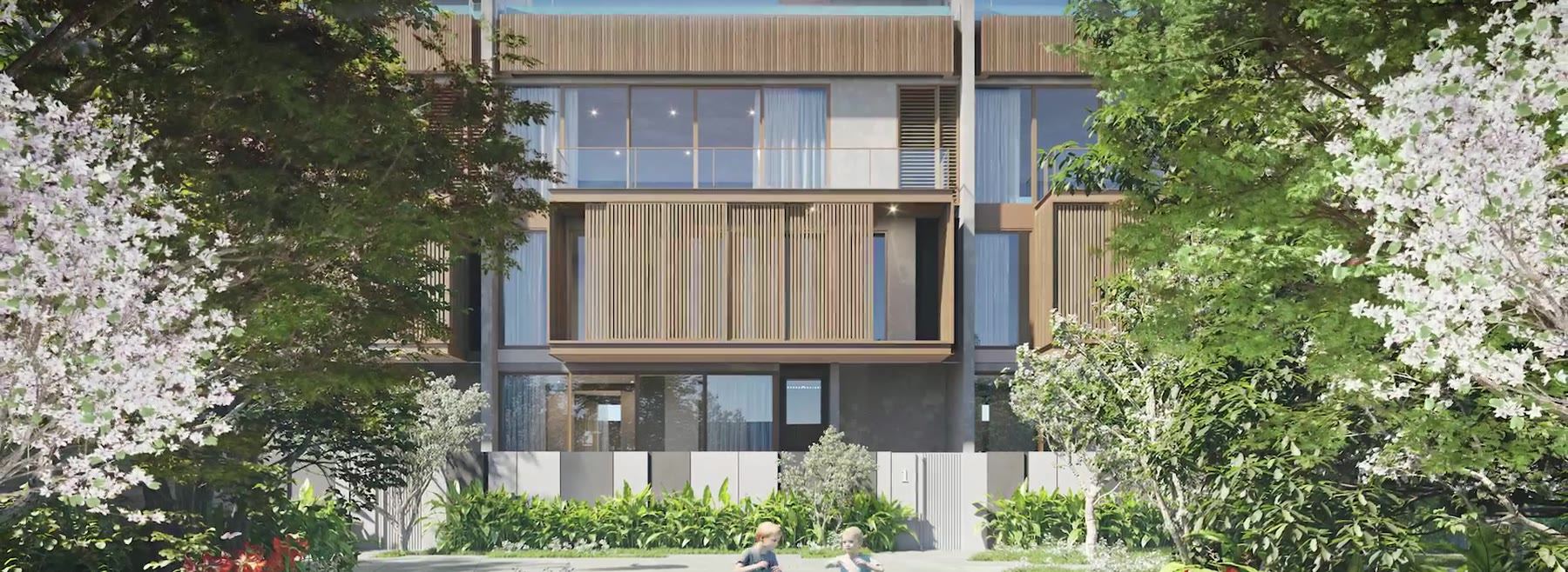 Computer-generated still from the developer's film of the fronts of the Banyan Tree Beach Residences Nammu townhomes, timber and glass over four storeys with gardens in front