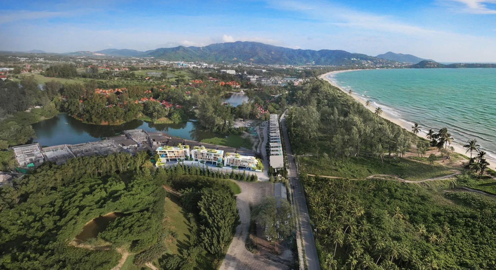 Computer-generated render from the developer of Banyan Tree Beach Residences Nerea from the air: three low buildings on the edge of a Laguna Phuket lagoon, the estate road and beach forest between them and Bang Tao beach