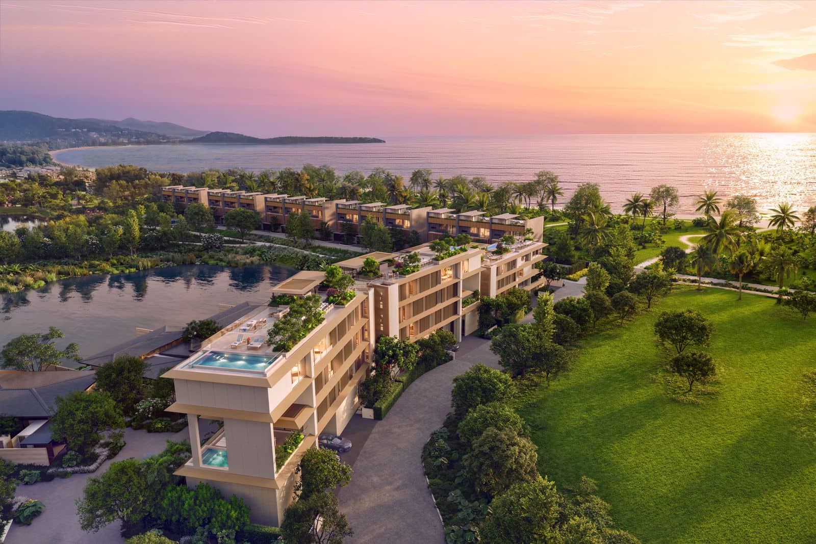 Визуализация Banyan Tree Beach Residences Nerea с высоты на закате: три здания с бассейнами на крышах, рядом лагуна, дальше море