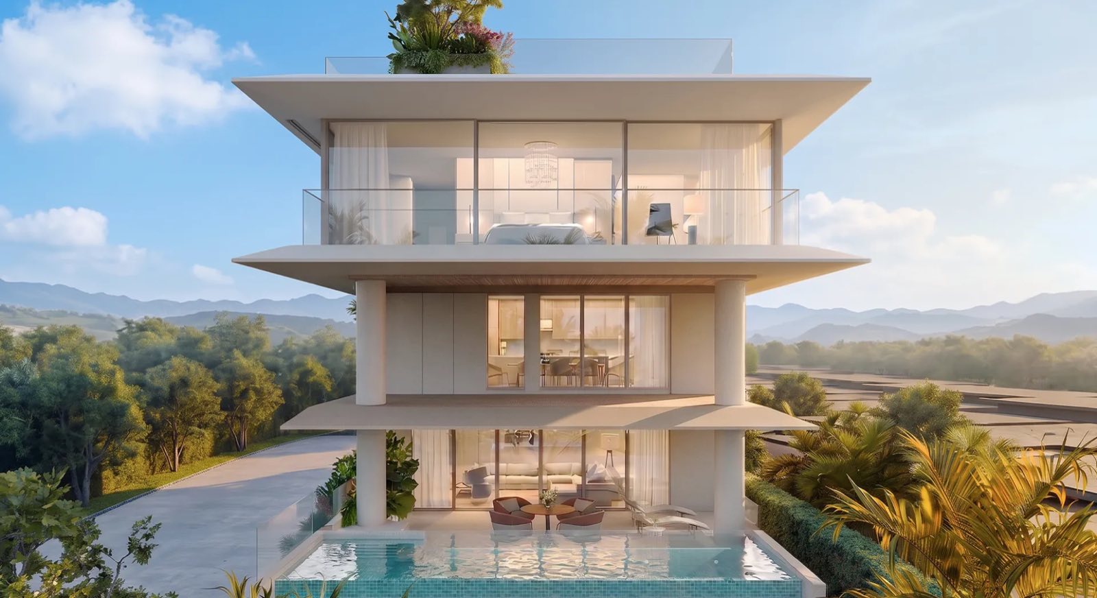 ภาพจำลองที่สร้างด้วยคอมพิวเตอร์ของอาคารหนึ่งใน Banyan Tree Beach Residences Nerea จากด้านหน้า สามชั้นกระจกใต้แผ่นหลังคาเรียบ สระและลานที่ระดับพื้นดิน ต้นไม้บนดาดฟ้า