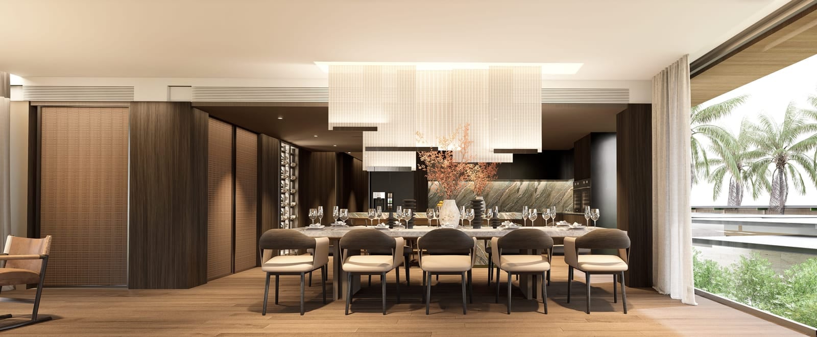 Banyan Tree Beach Residences Nerea 一個住宅飯廳的效果圖,吊燈下是長餐檯
