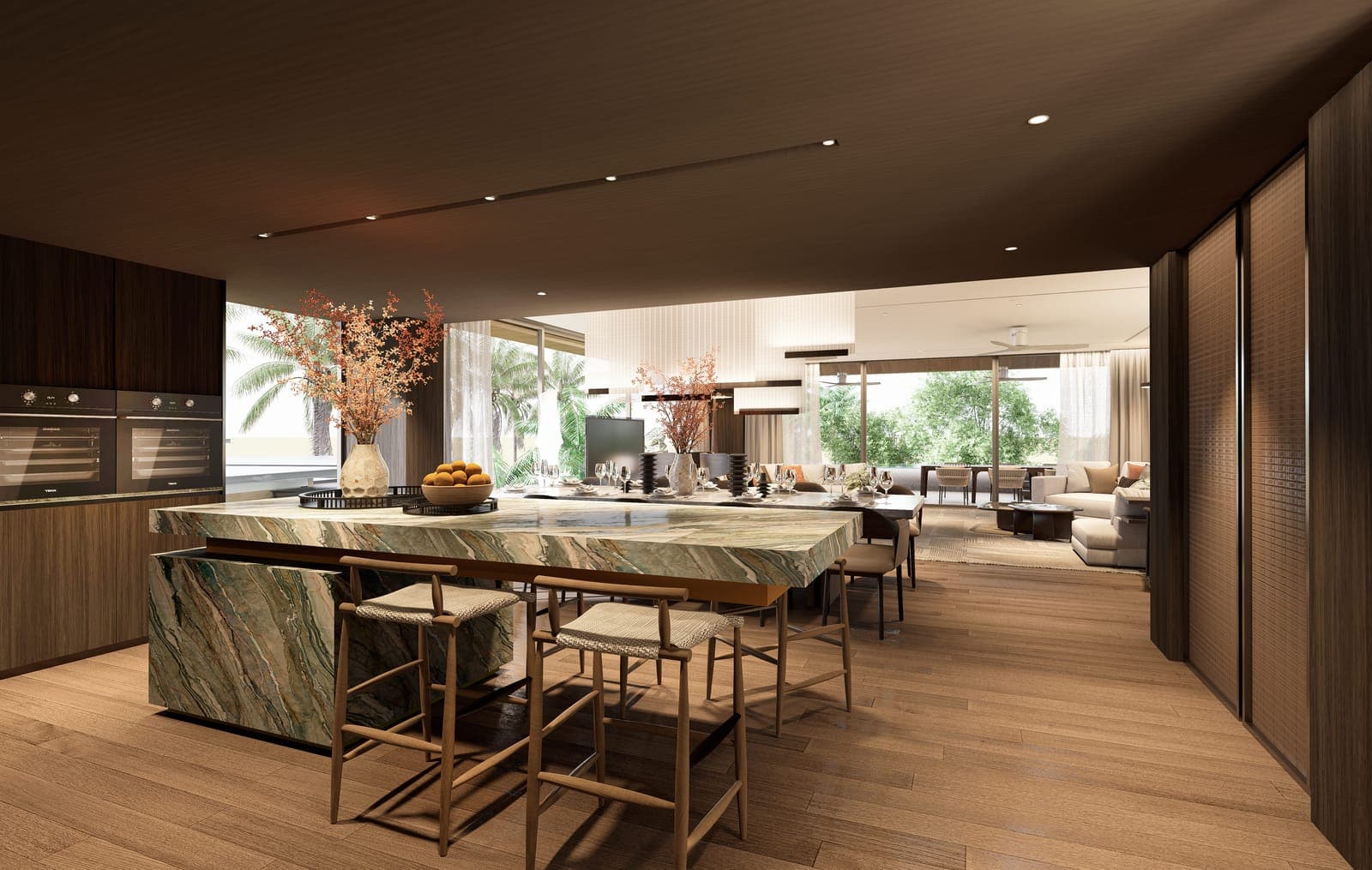 Banyan Tree Beach Residences Nerea 一個住宅廚房的效果圖,設綠色雲石中島