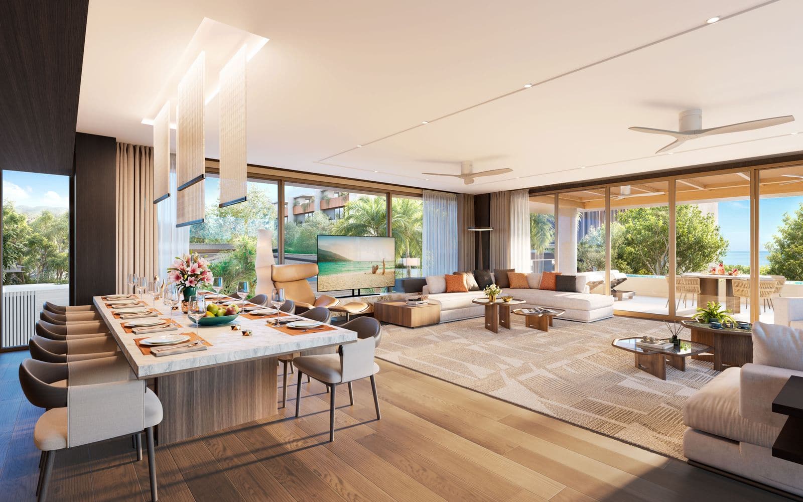 日間 Banyan Tree Beach Residences Nerea 一個住宅客廳及餐檯的效果圖