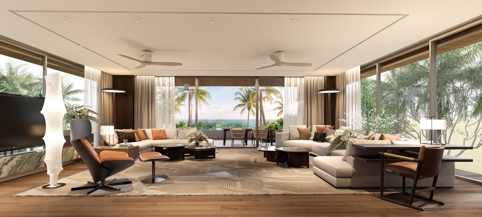 Banyan Tree Beach Residences Nerea 一個住宅長形客飯廳的效果圖,玻璃外是露台