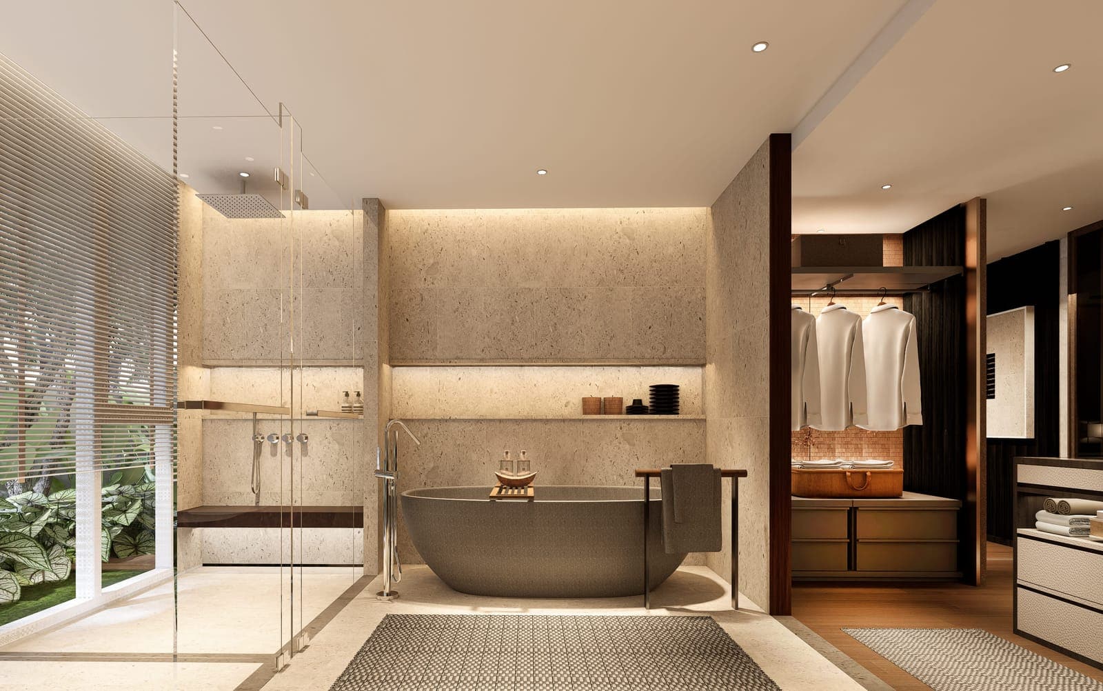 Banyan Tree Beach Residences Nerea 一個住宅主浴室的效果圖:獨立式浴缸、玻璃淋浴間及更衣區